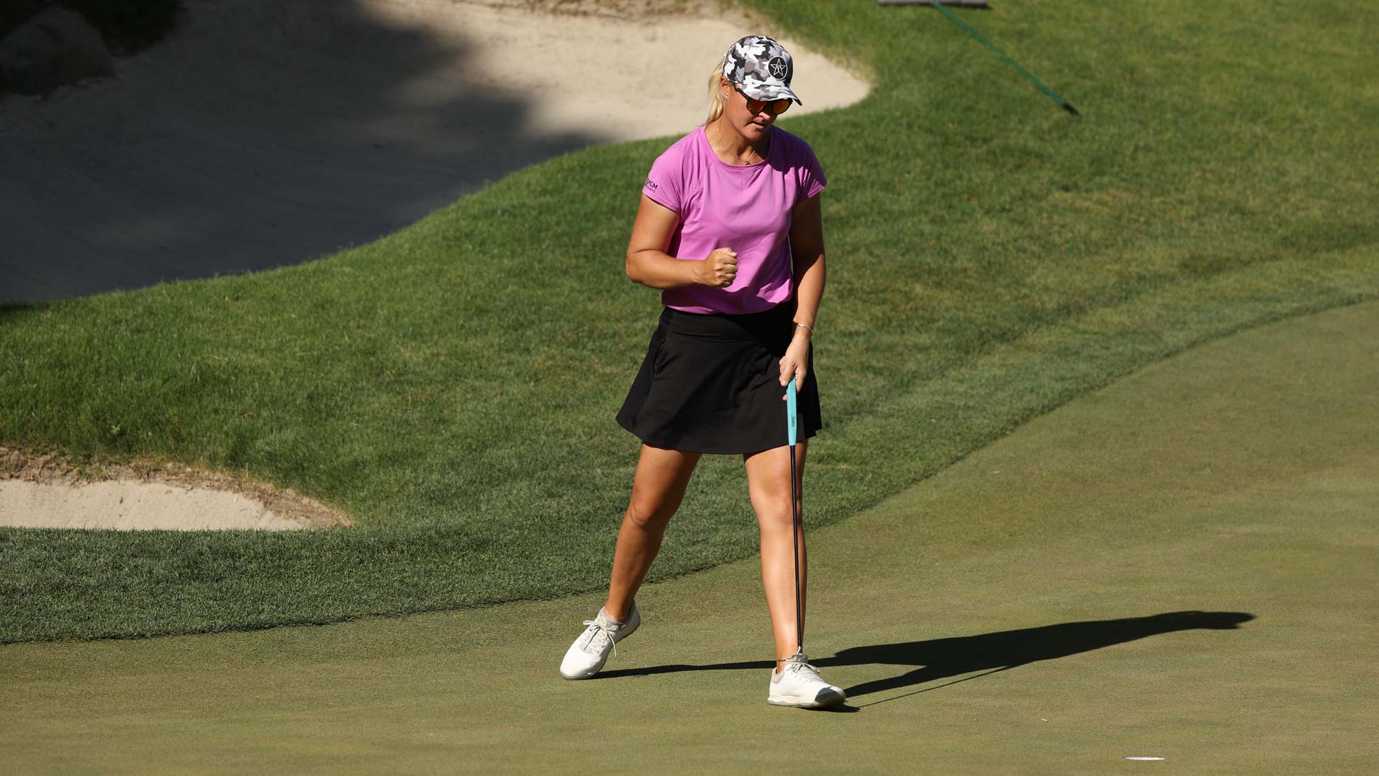 Anna Nordqvist of Sweden reacts to a birdie putt on the 17th green on day three of the Bank of Hope LPGA Match-Play presented by MGM Rewards