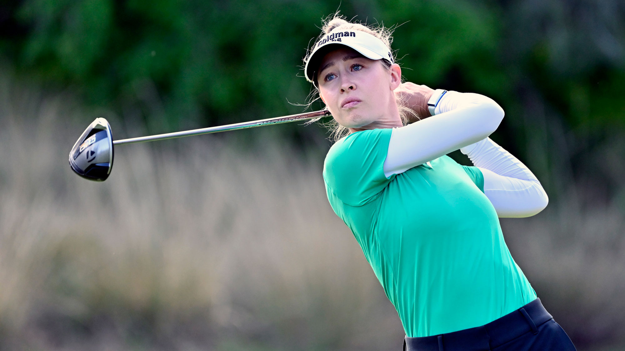 Nelly Korda of the United States plays her shot from the seventh tee during the third round of the T-Mobile Match Play presented by MGM Rewards 2025 at Shadow Creek Golf Course on April 04, 2025 in Las Vegas, Nevada.