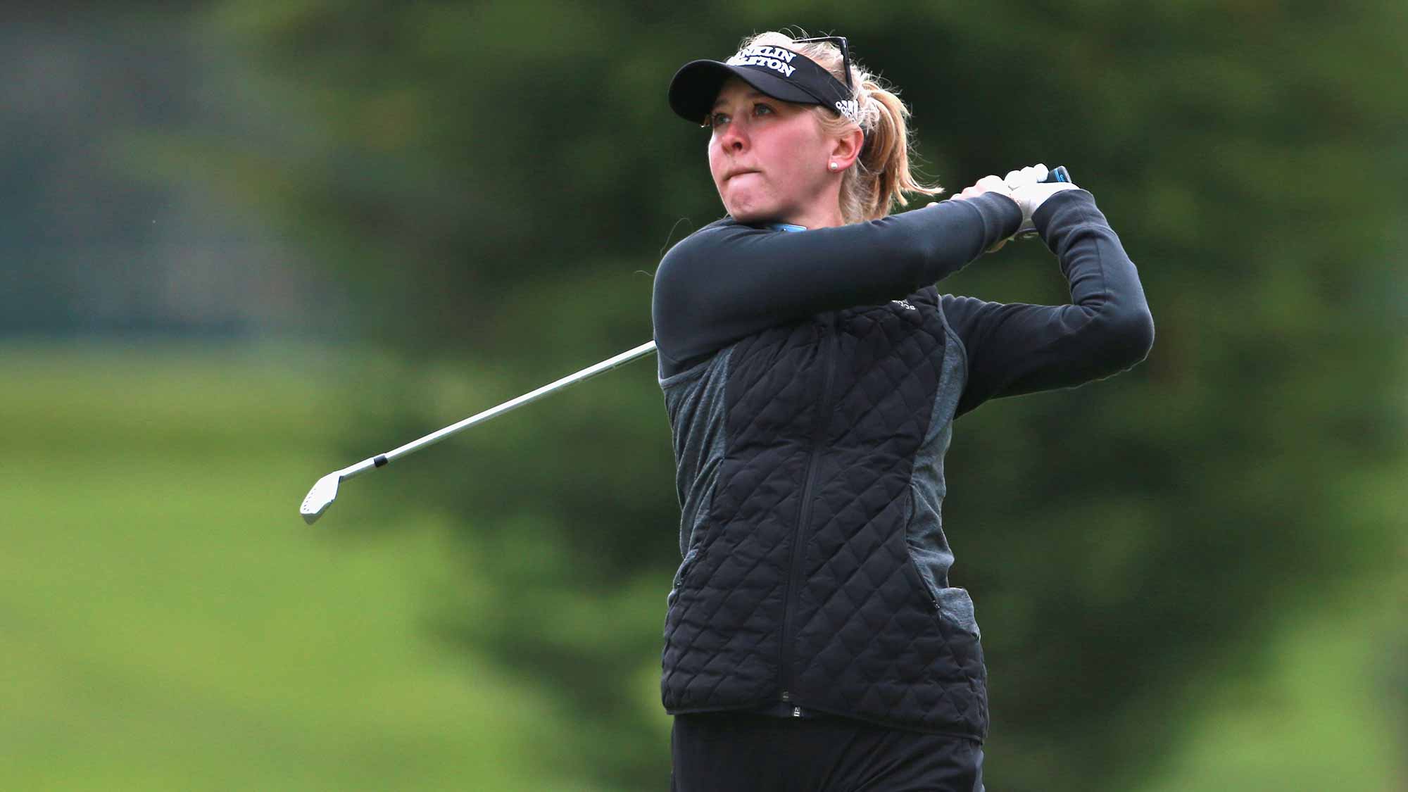 Jessica Korda watches her second shot on the 10th during the first round of the LPGA MEDIHEAL Championship at Lake Merced Golf Club on April 26, 2018 in Daly City, California