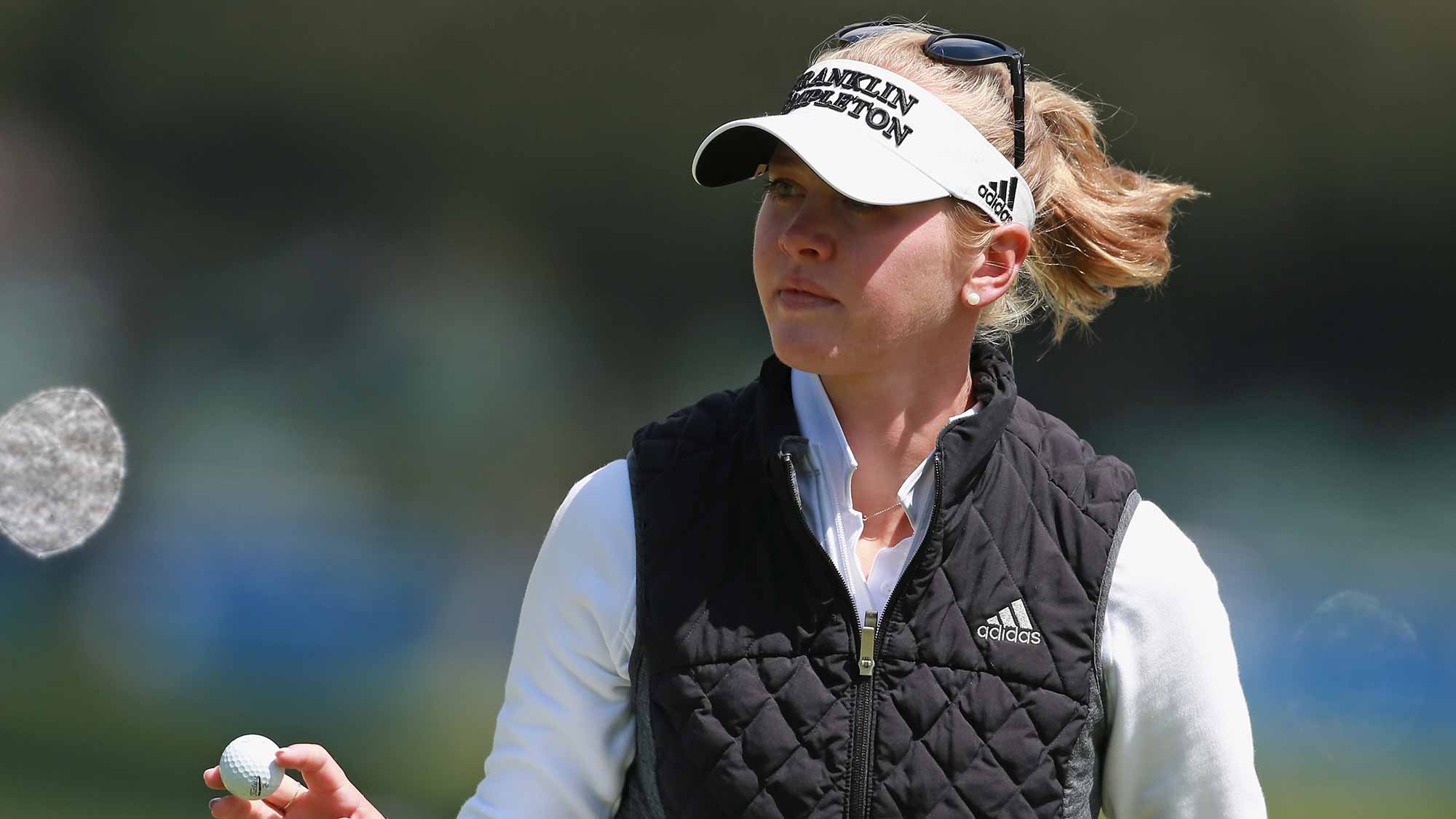 Jessica Korda waves to the gallery after making a par on the 18th hole during the second round of the LPGA MEDIHEAL Championship at Lake Merced Golf Club on April 27, 2018 in Daly City, California