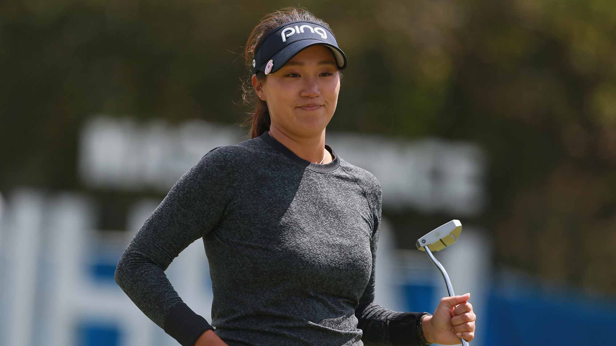 Annie Park waves to the gallery after making a par on the 18th hole during the second round of the LPGA MEDIHEAL Championship at Lake Merced Golf Club on April 27, 2018 in Daly City, California