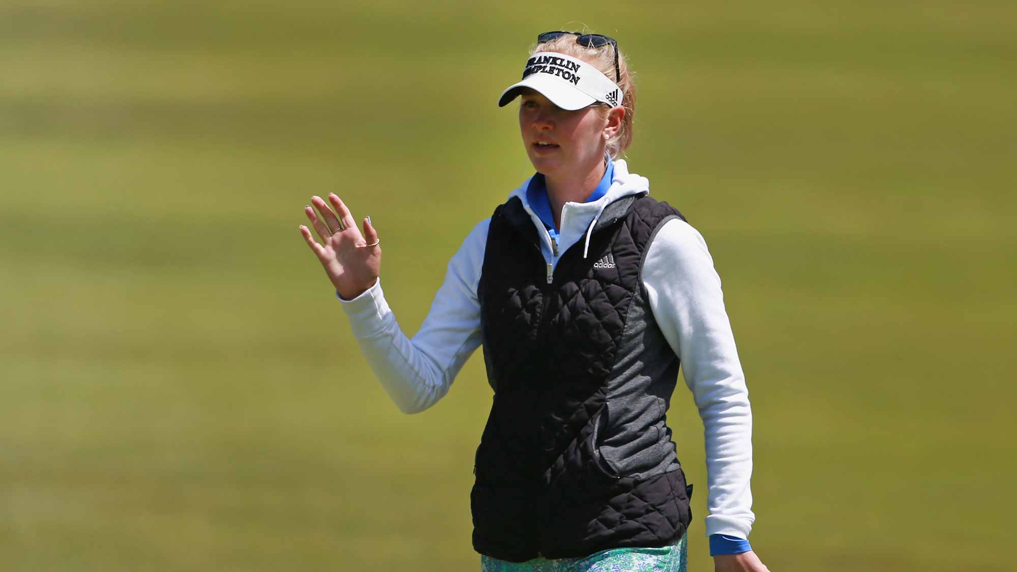 Jessica Korda waves to the gallery after making a par on the third hole during the final round of the LPGA MEDIHEAL Championship at Lake Merced Golf Club on April 29, 2018 in Daly City, California