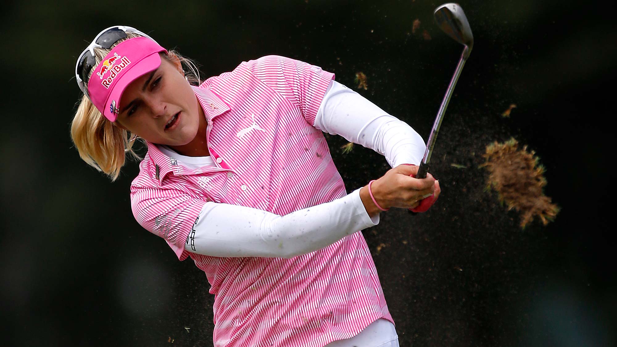 Lexi Thompson hits her shot on the 18th hole during the third round of the LPGA Mediheal Championship