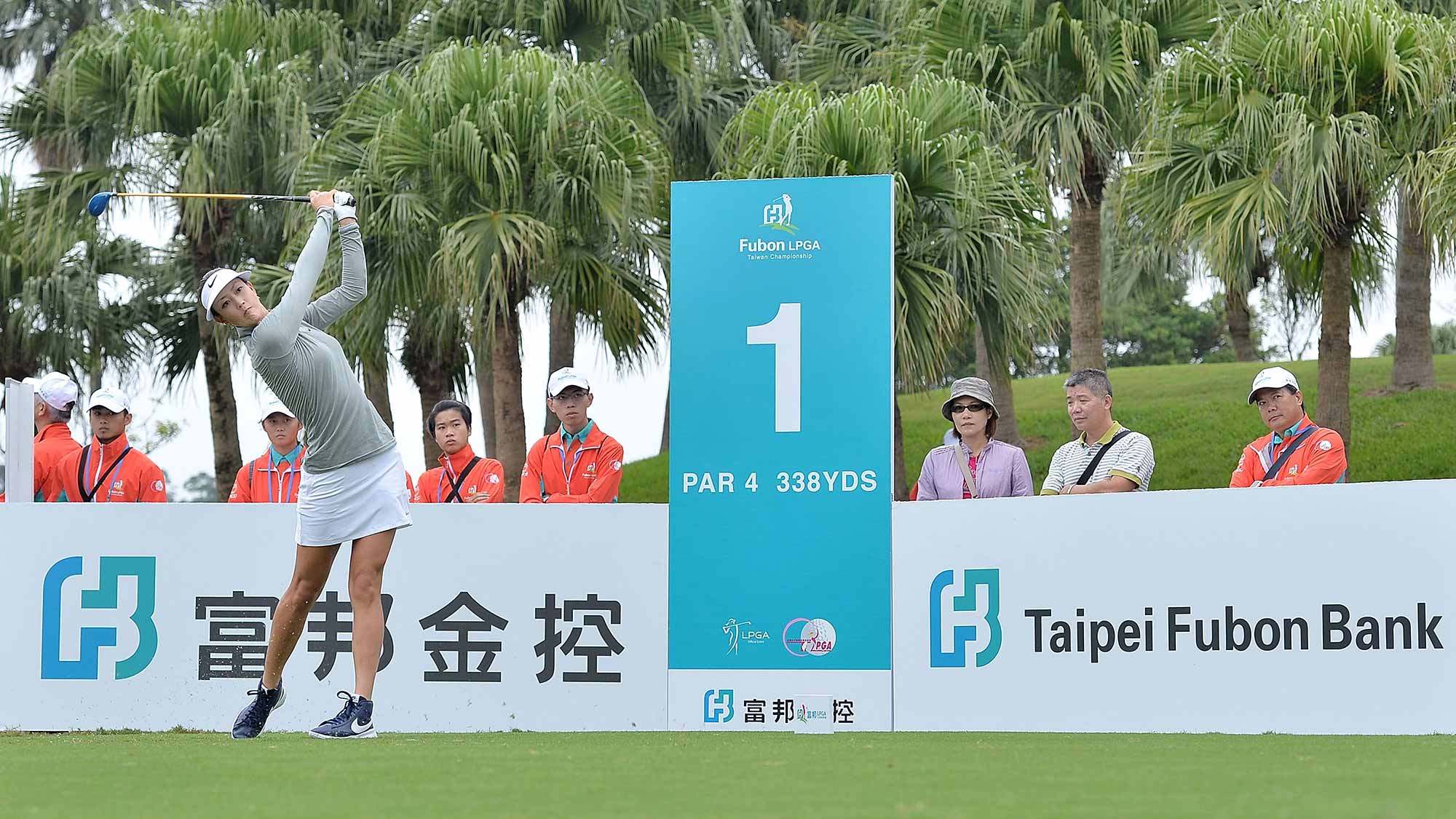 Michelle Wie of the United States plays the shot during the round one of 2015 Fubon LPGA Taiwan Championship at Miramar Golf & Country Club