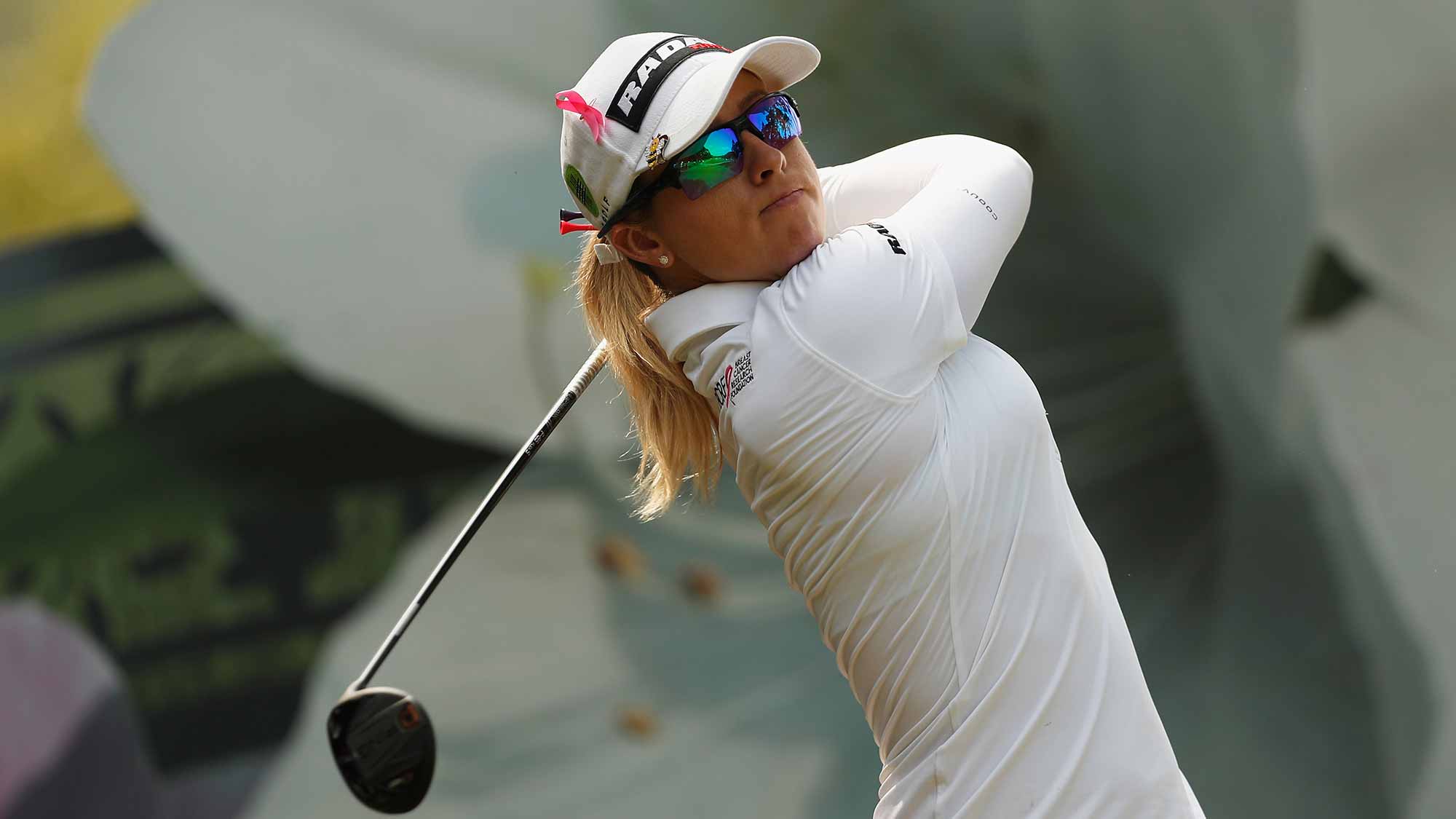 Jodi Ewart Shadoff of England plays her shot during the second round of the Swinging Skirts LPGA Taiwan Championship at Ta Shee Golf & Country Club on October 26, 2018 in Taoyuan, Chinese Taipei