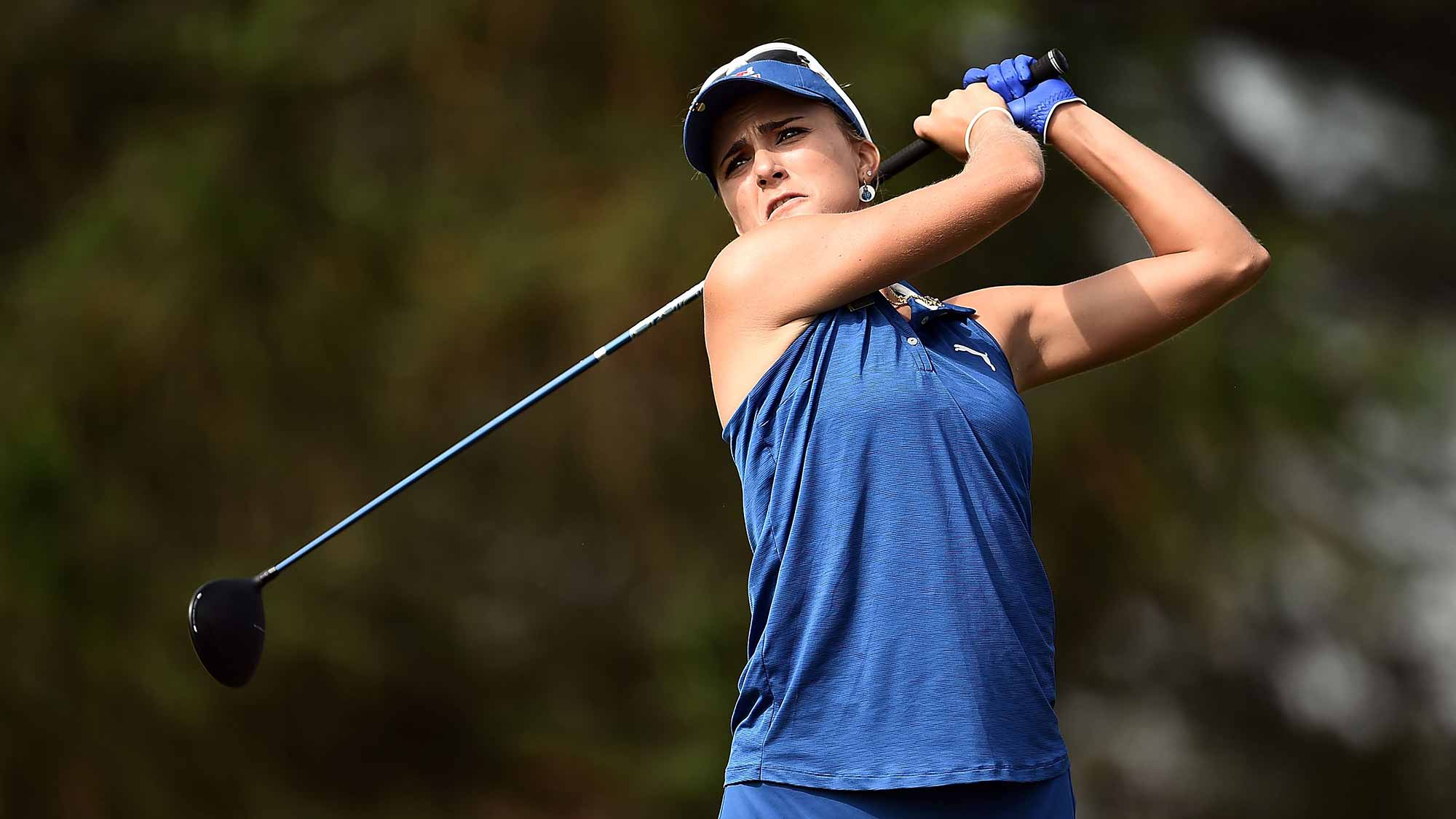 Lexi Thompson hits her tee shot on the 15th hole during the first round of the Meijer LPGA Classic at Blythefield Country Club