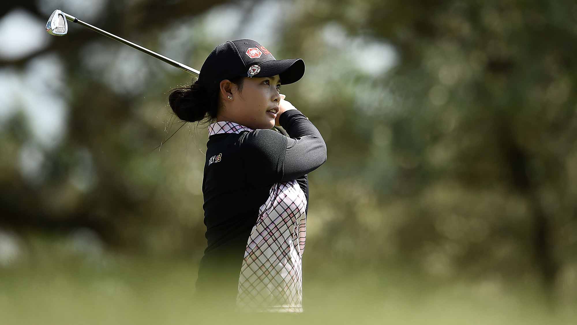Moriya Jutanugarn of Thailand watches her tee shot on the 12th hole during the first round of the Meijer LPGA Classic at Blythefield Country Club