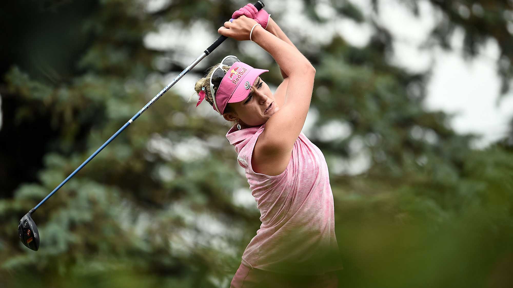 Lexi Thompson watches her tee shot on the third hole during the third round of the Meijer LPGA Classic