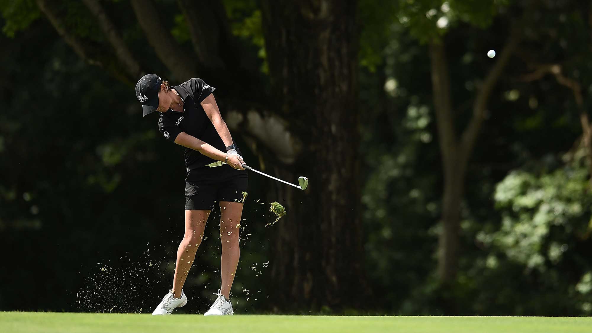 Lee-Anne Pace of South Africa hits her second shot on the first hole during the final round of the Meijer LPGA Classic