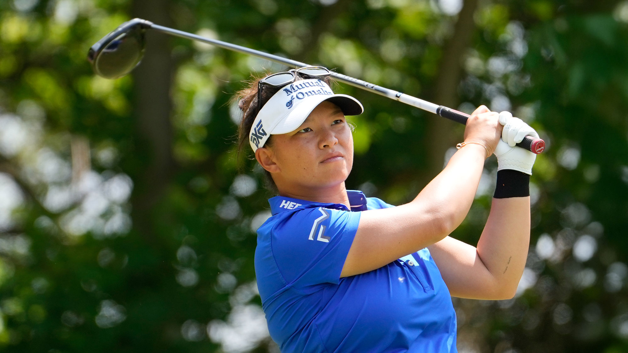 Megan Khang of the United States plays her shot from the fourth tee during the third round of the Meijer LPGA Classic for Simply Give 2025 at Blythefield Country Club on June 14, 2025 in Grand Rapids, Michigan.