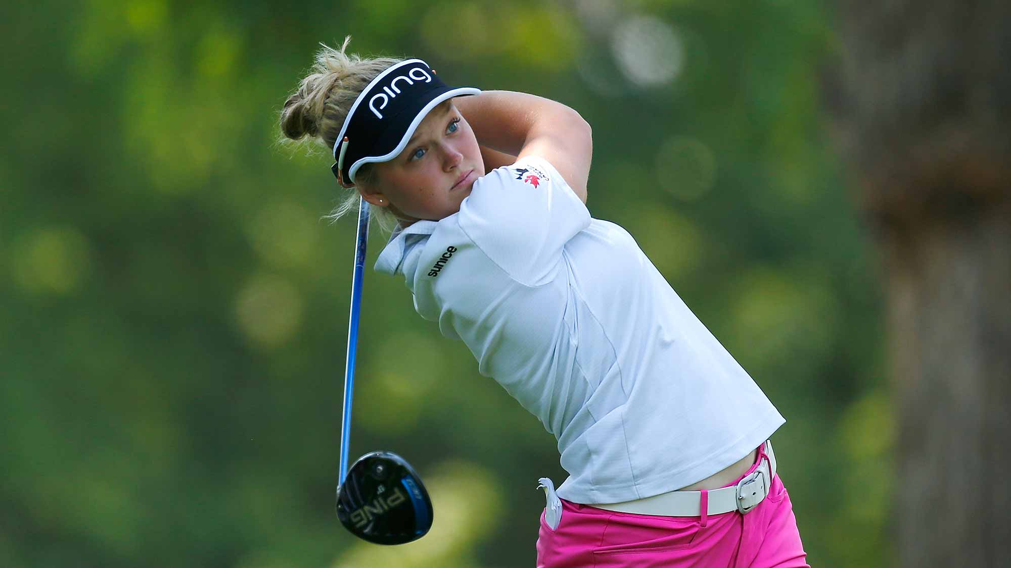 Brooke M. Henderson of Canada tees off on the 18th hole during the first round of the LPGA Cambia Portland Classic at Columbia Edgewater Country Club
