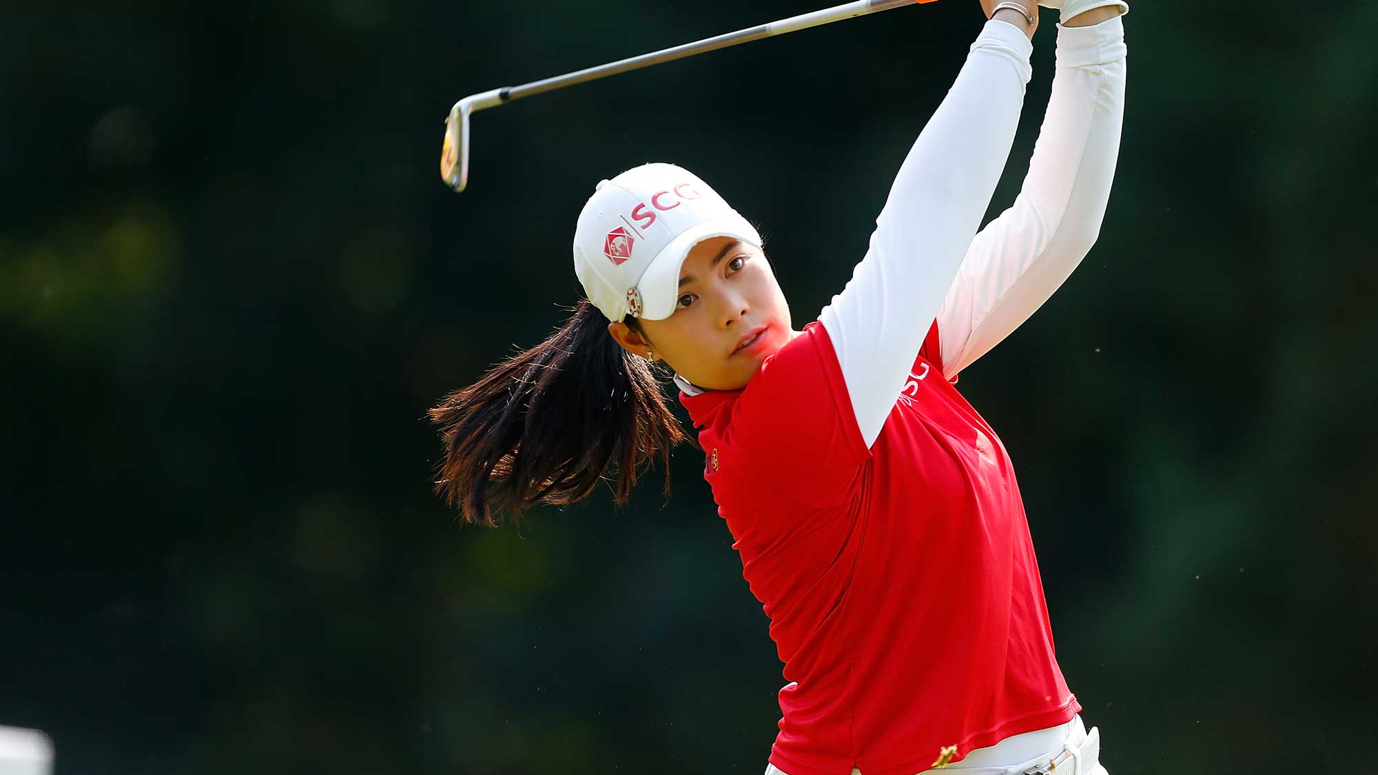 Moriya Jutanugarn of Thailand tees off on the 2nd hole during the final round of the LPGA Cambia Portland Classic