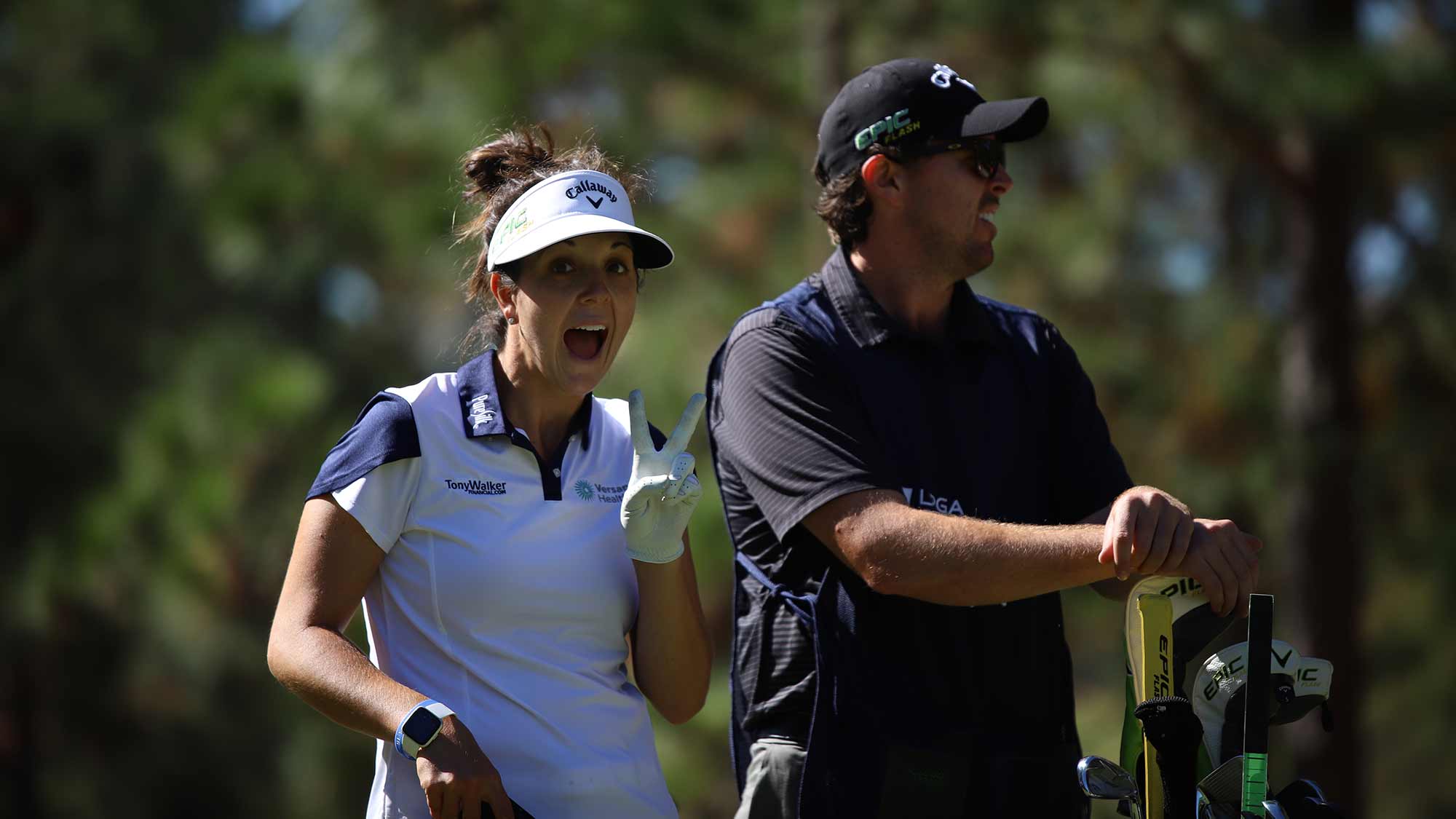 Emma Talley poses with her caddie during the first round of the 2019 LPGA Q-Series at Pinehurst Resort