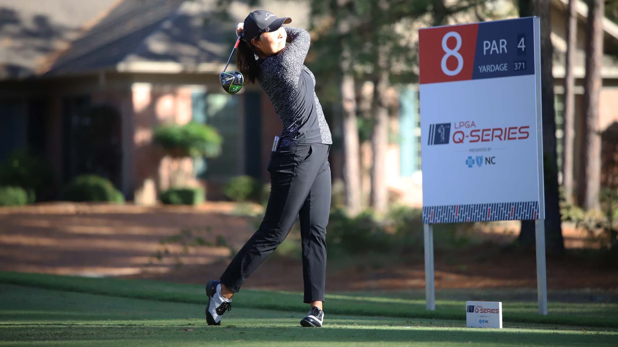 Lauren Kim hits a tee shot during the second round of the 2019 LPGA Q-Series at Pinehurst Resort