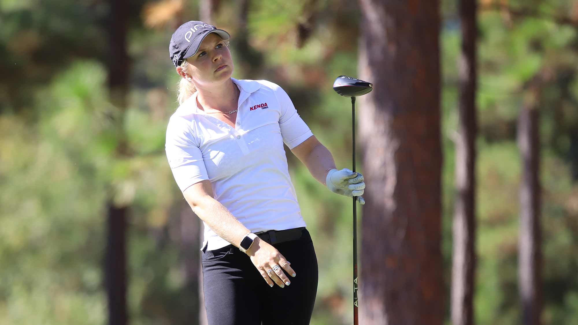 Lindsey Weaver watches her drive during the second round of the 2019 LPGA Q-Series at Pinehurst Resort