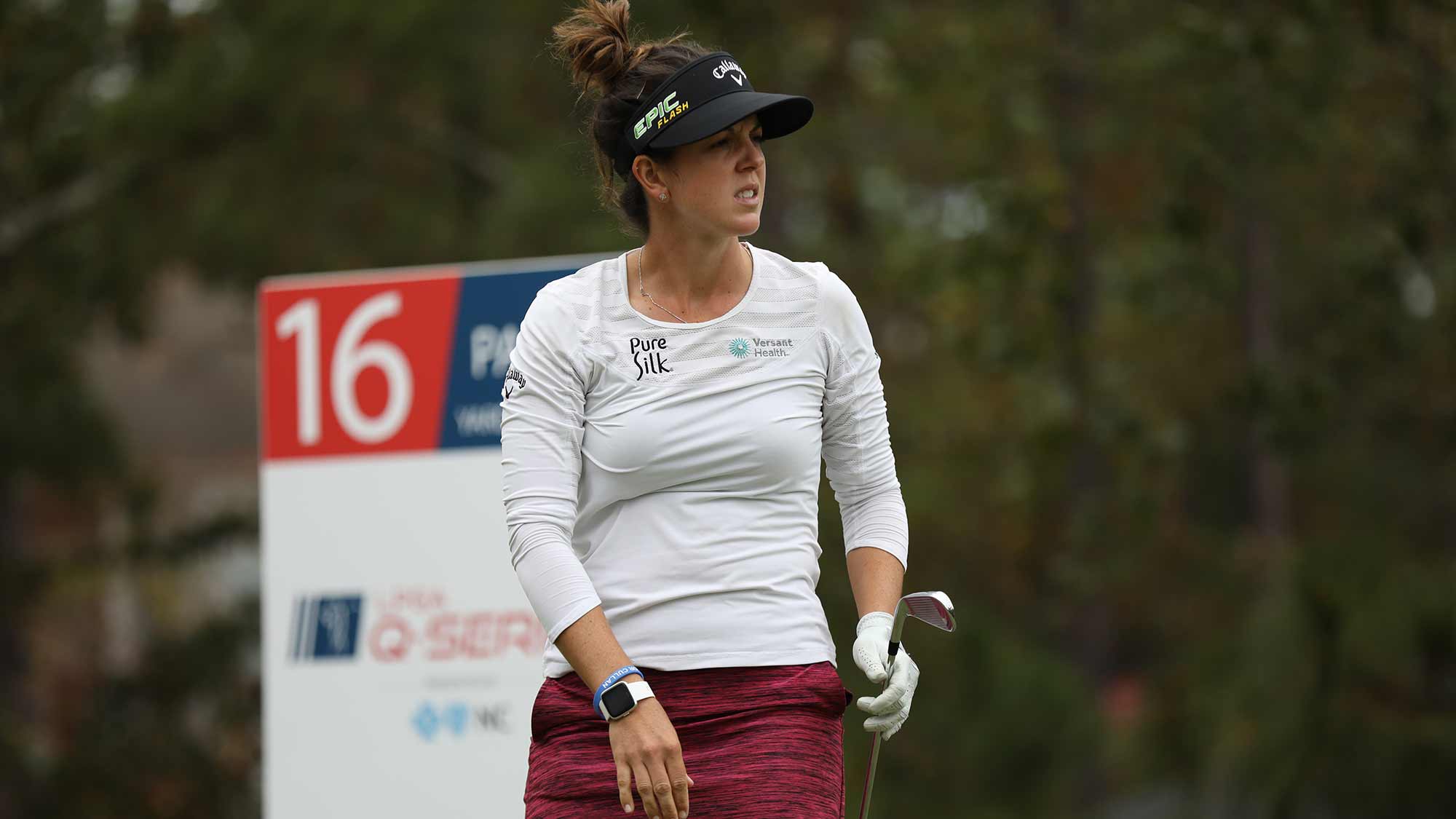 Emma Talley watches her tee shot at the 16th hole at Pinehurst No. 6 during the fourth round of the 2019 LPGA Q-Series at Pinehurst Resort