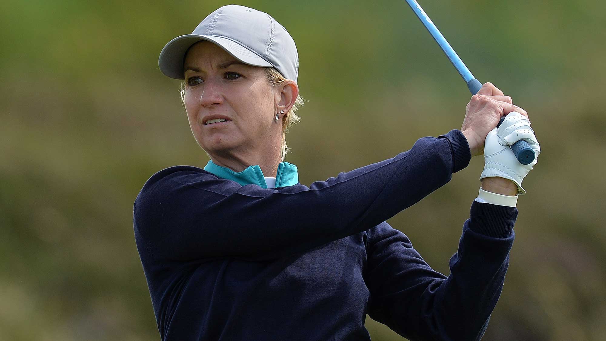 Karrie Webb of Australia plays her tee shot to the 2nd hole during the first day of the Aberdeen Asset Management Ladies Scottish Open at Dundonald Links Golf Course 