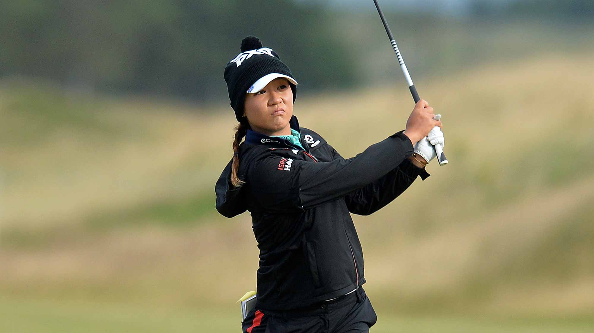 Lydia Ko of New Zealand plays her second shot to the 17th during the second day of the Aberdeen Asset Management Ladies Scottish Open at Dundonald Links Golf Course 