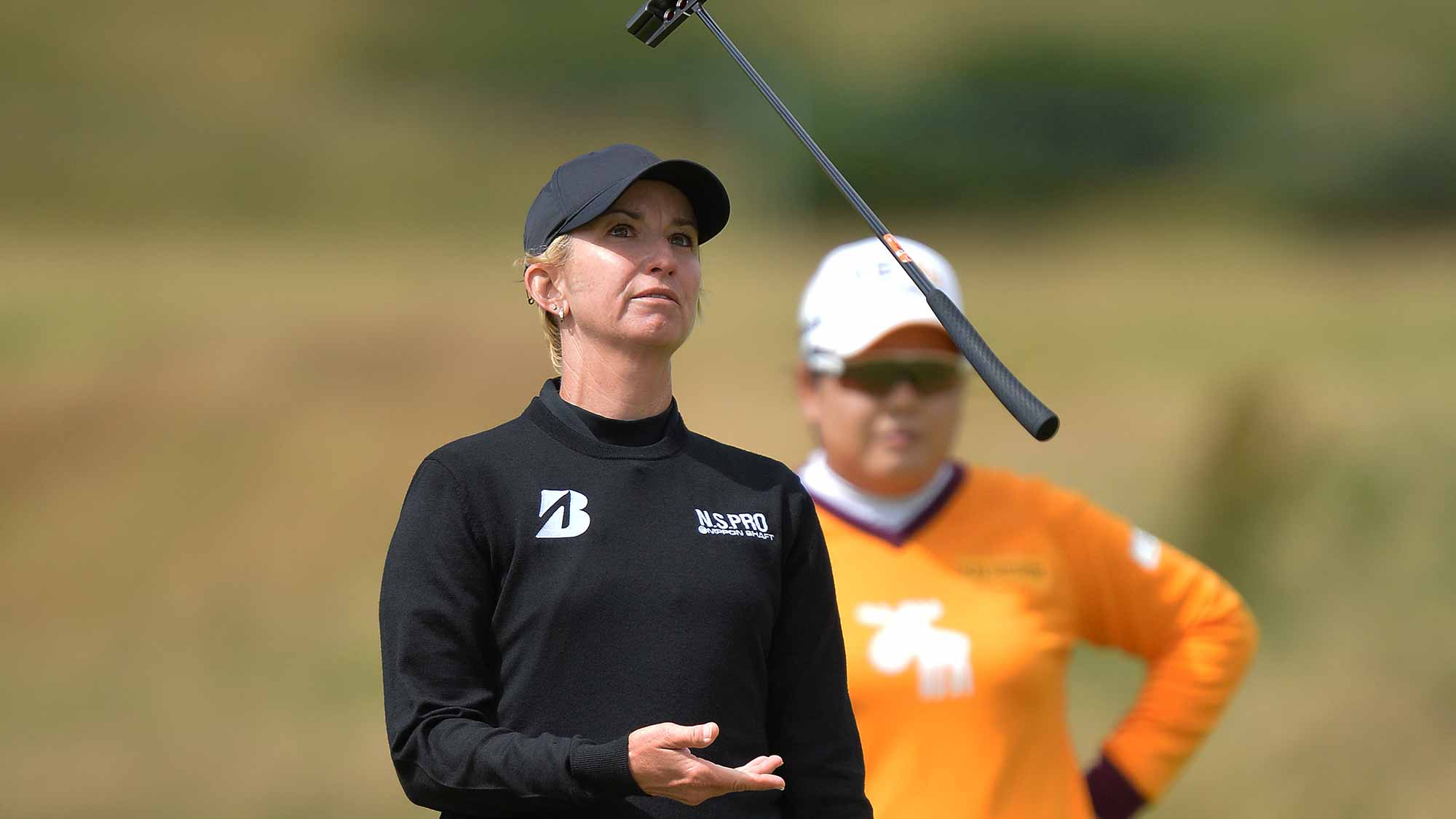 Karrie Webb of Australia reacts after dropping a shot at the 18th hole during the second day of the Aberdeen Asset Management Ladies Scottish Open at Dundonald Links Golf Course 