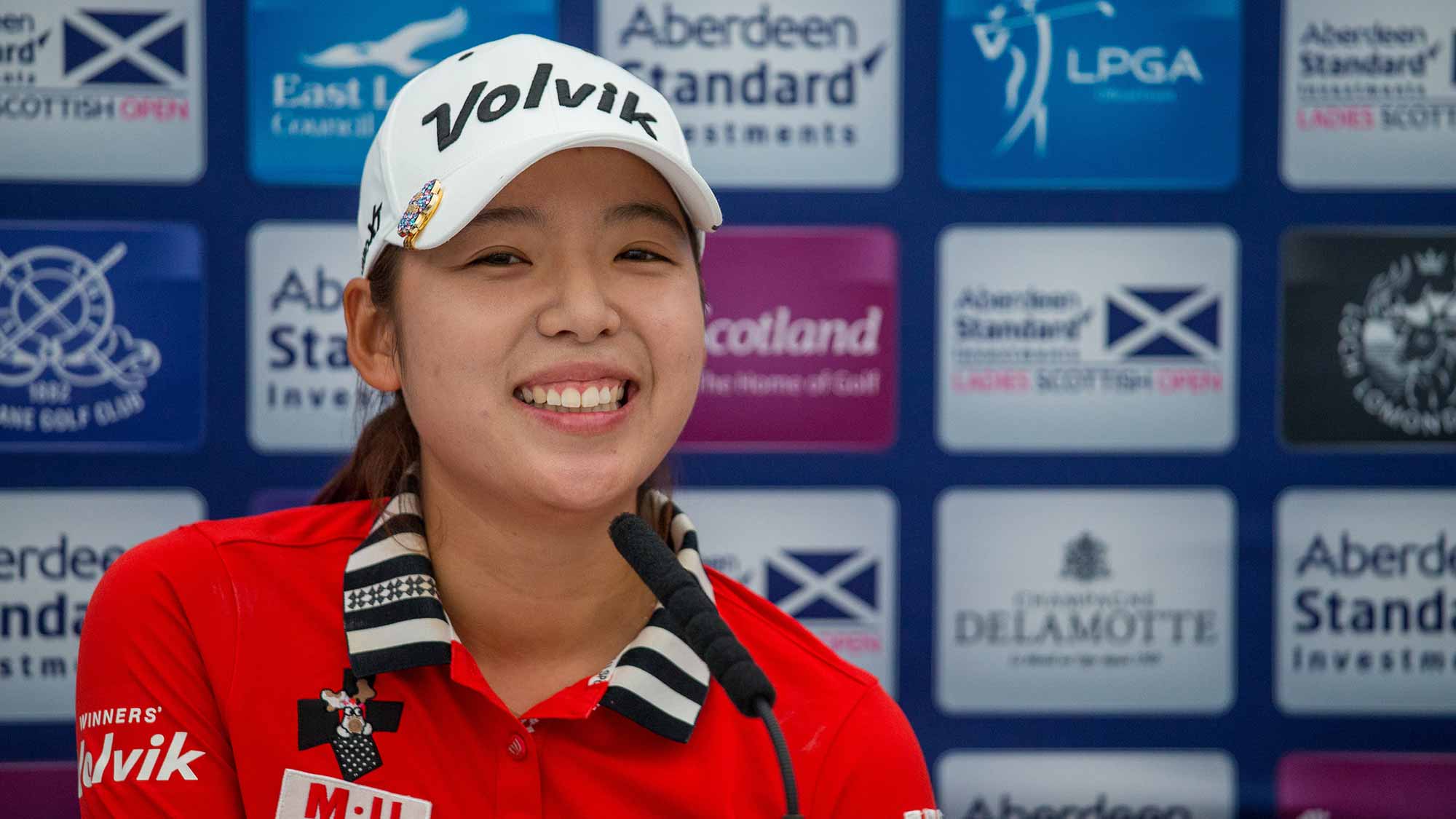 Mi Hyang Lee meets with the media ahead of her title defense at the Aberdeen Standard Investments Ladies Scottish Open at Gullane Golf Club.