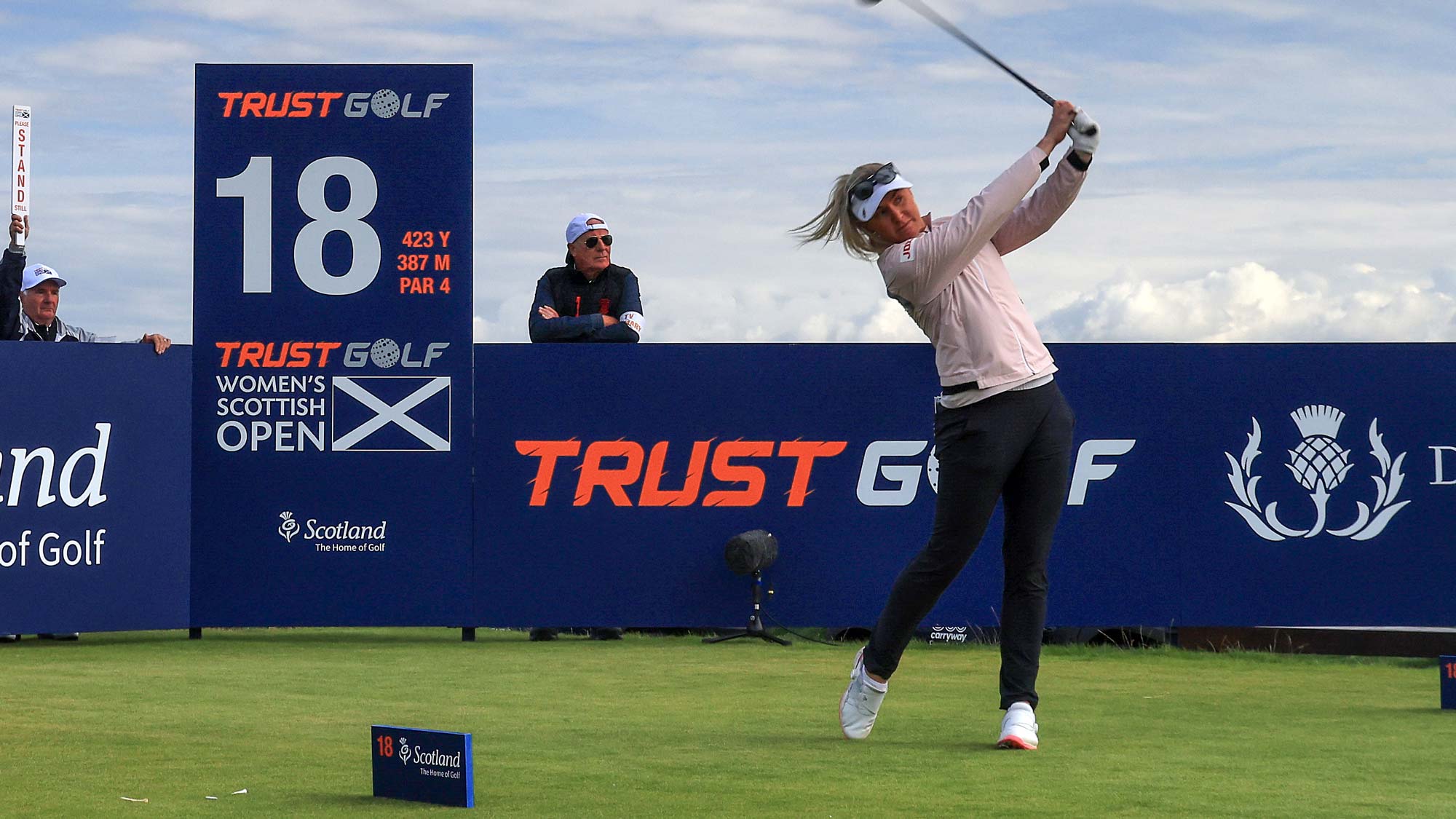 Charley Hull of England plays her tee shot on the 18th hole during the third round of the Trust Golf Scottish Women's Open 