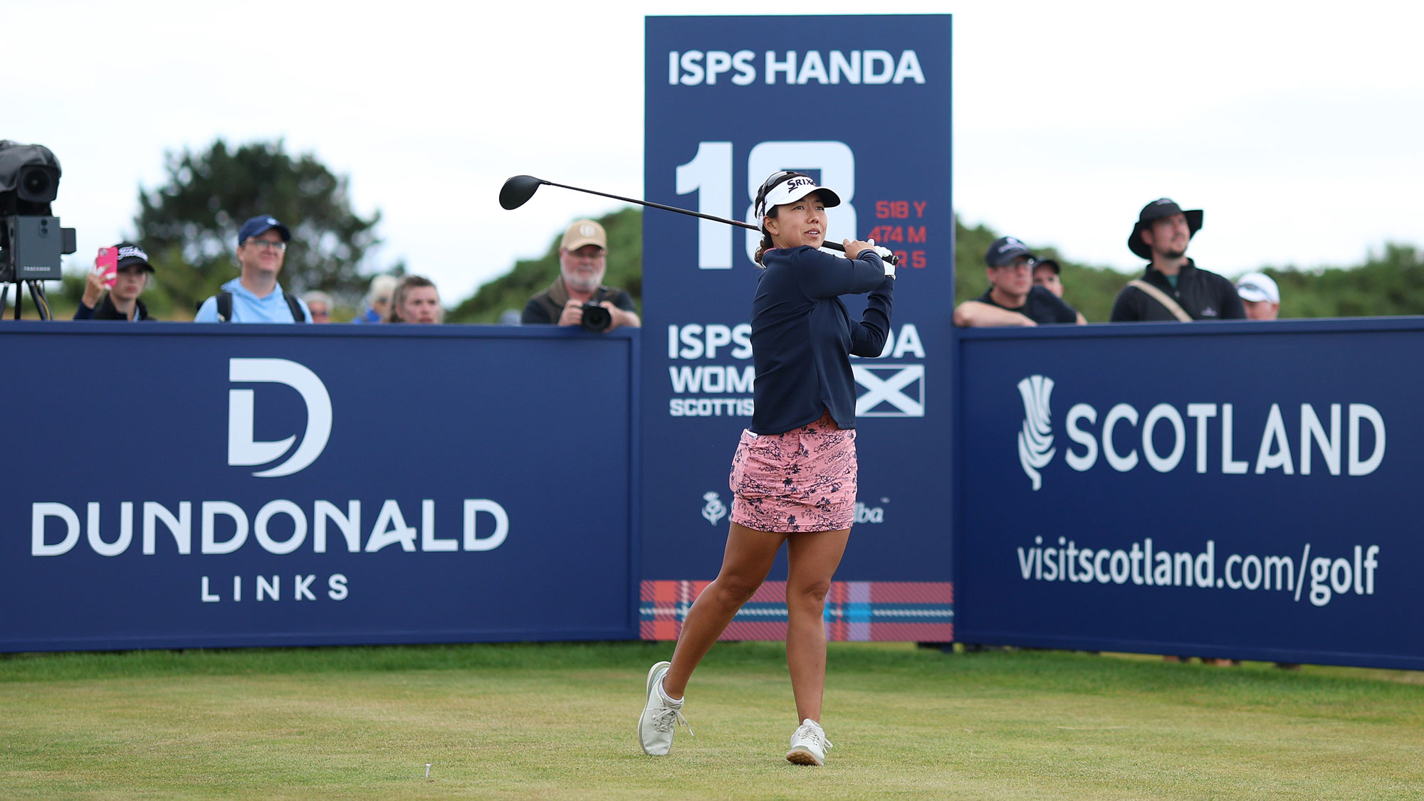 Jenny Shin of South Korea hits her tee shot on hole 18 during the third round of the ISPS HANDA Women's Scottish Open 2026 at Dundonald Links Golf Course on July 25, 2026 in Troon, Scotland.