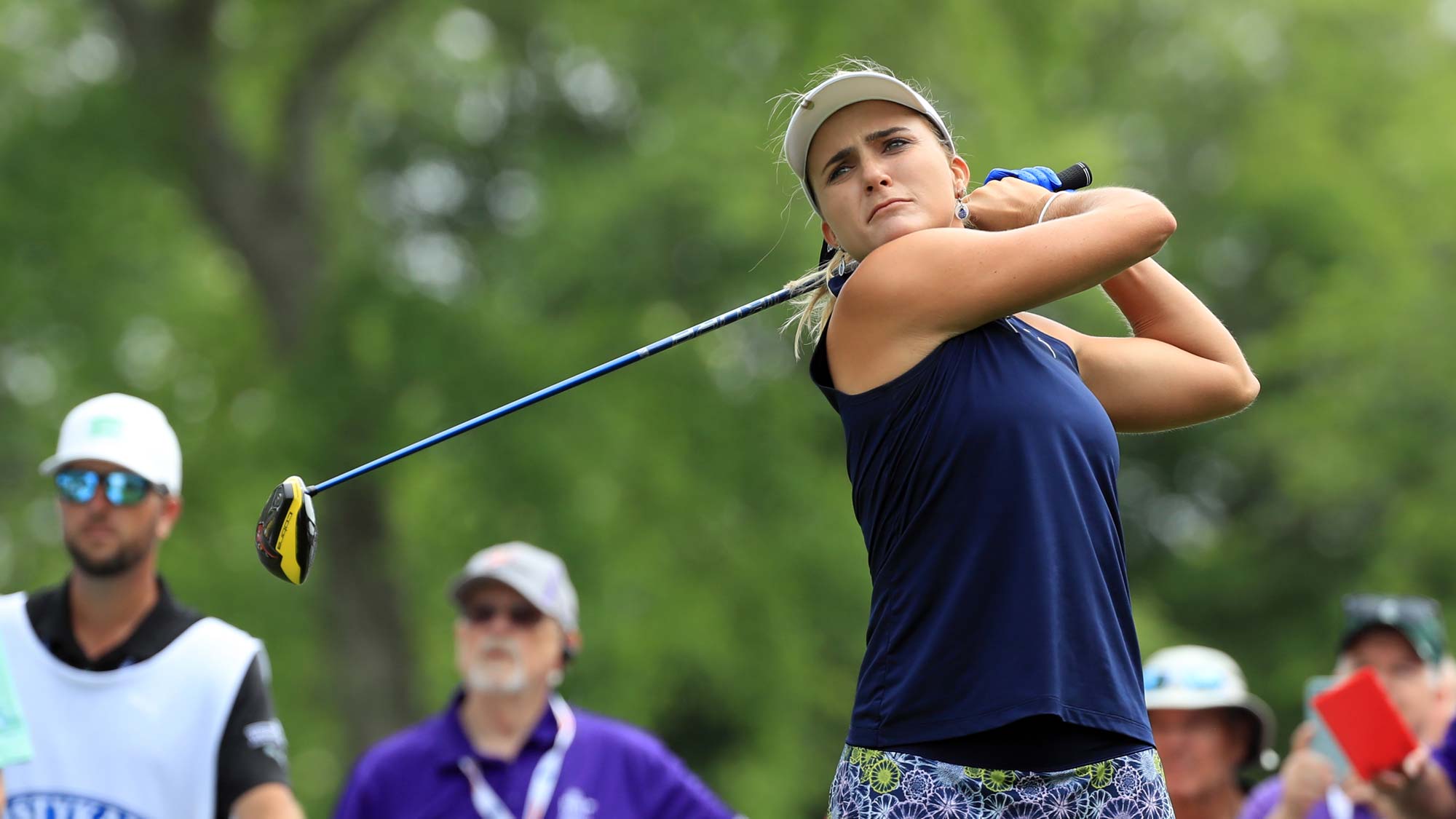 Lexi Thompson hits her tee shot on the ninth hole during the first round of the ShopRite LPGA Classic presented by Acer
