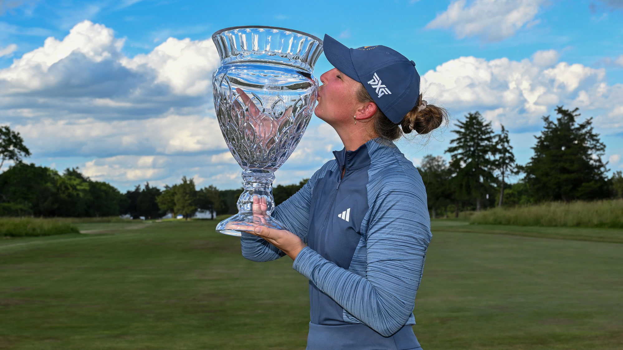  Linnea Strom of Sweden kisses the trophy after winning the ShopRite LPGA Classic Presented by Acer at Seaview Bay Course on June 09, 2024 in Galloway, New Jersey.