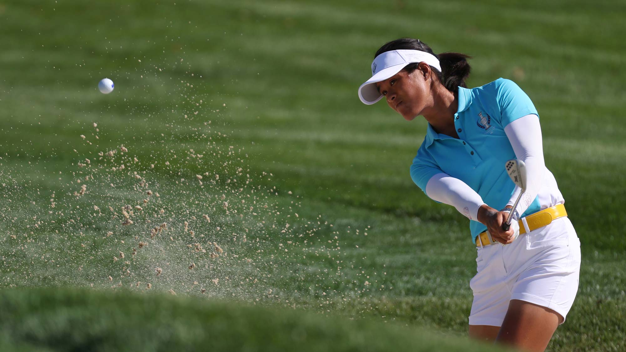 Celine Boutier of Team Europe plays a shot during a practice round ahead of the start of The Solheim Cup at Inverness Club on September 02, 2021 in Toledo, Ohio. 