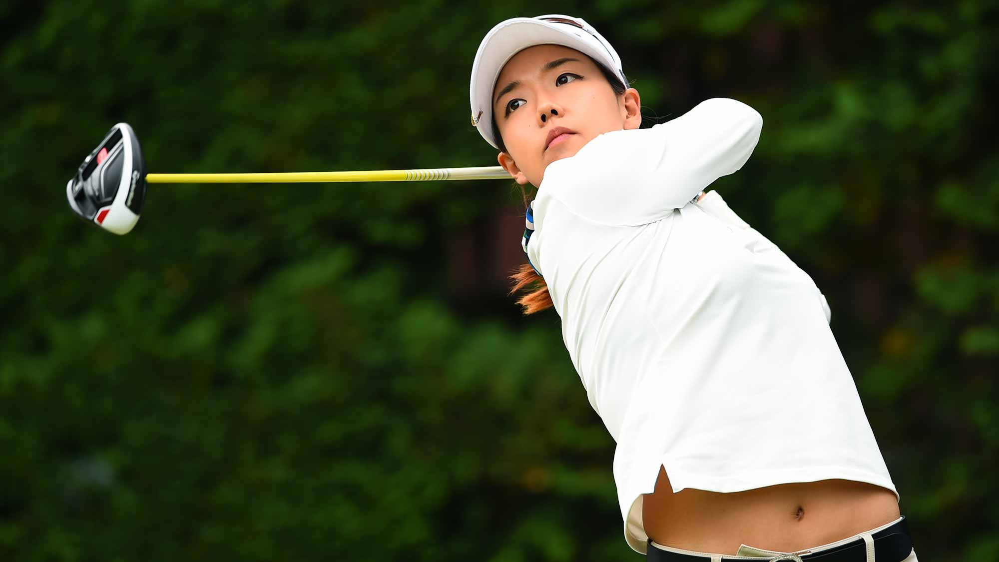 Jenny Shin of South Korea hits her tee shot on the 14th hole during the second round of the TOTO Japan Classics 2015 at the Kintetsu Kashikojima Country Club