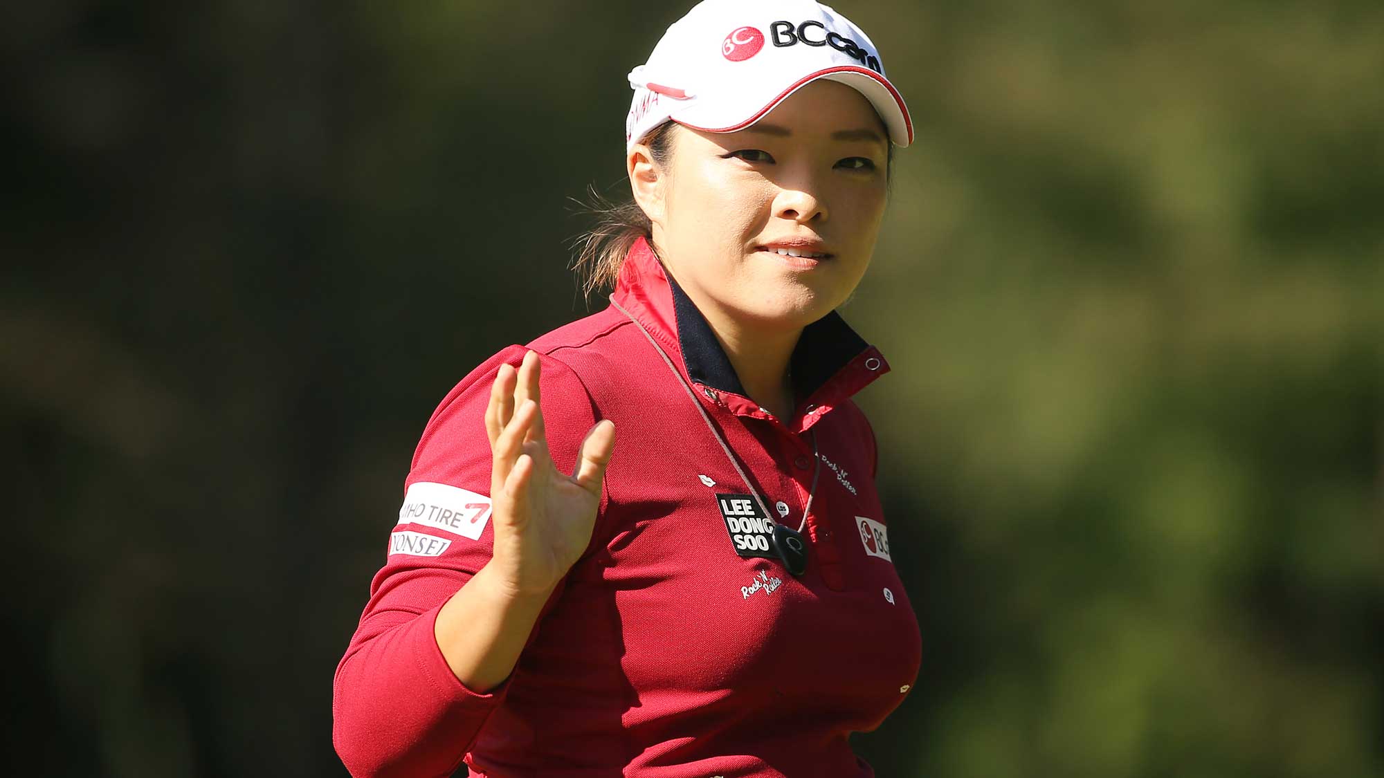 Ha Na Jang of South Korea celebrates after making her birdie putt on the 7th hole during the second round of the TOTO Japan Classic