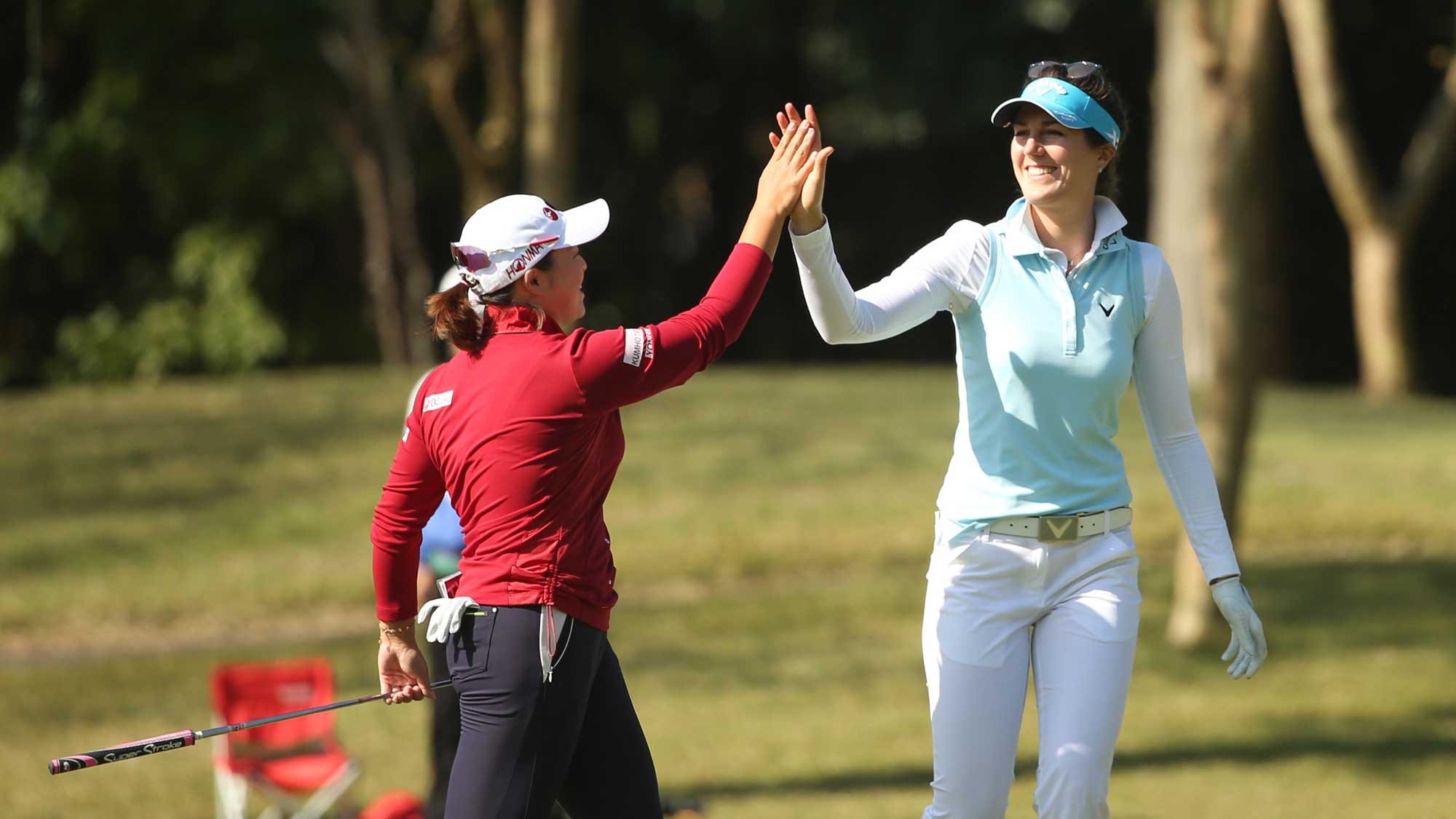 Sandra Gal of Germany celebrates after chipping in her second shot on the 7th hole during the second round of the TOTO Japan Classic