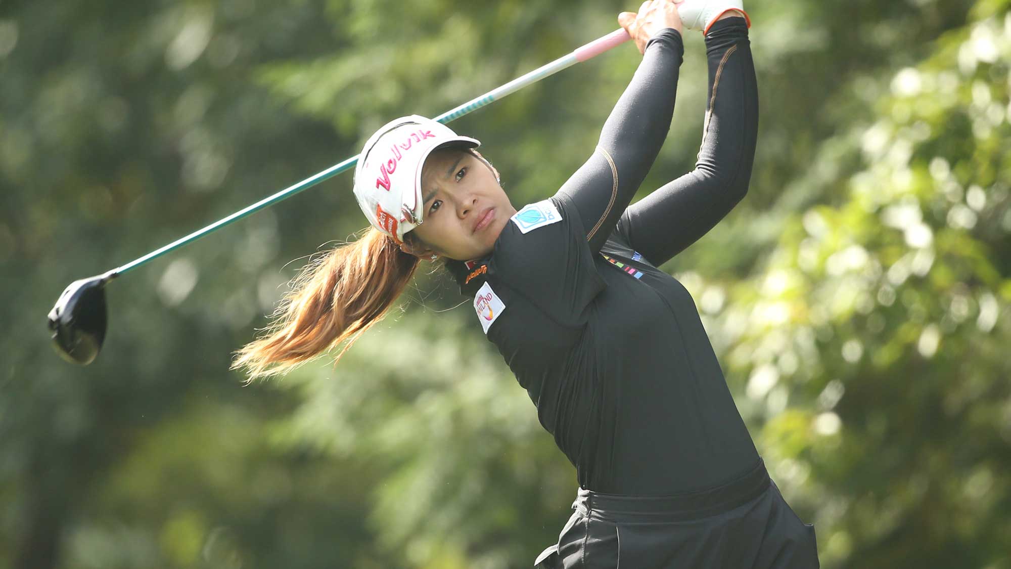Pornanong Phatlum of Thailand hits her tee shot on the 2nd hole during the second round of the TOTO Japan Classic