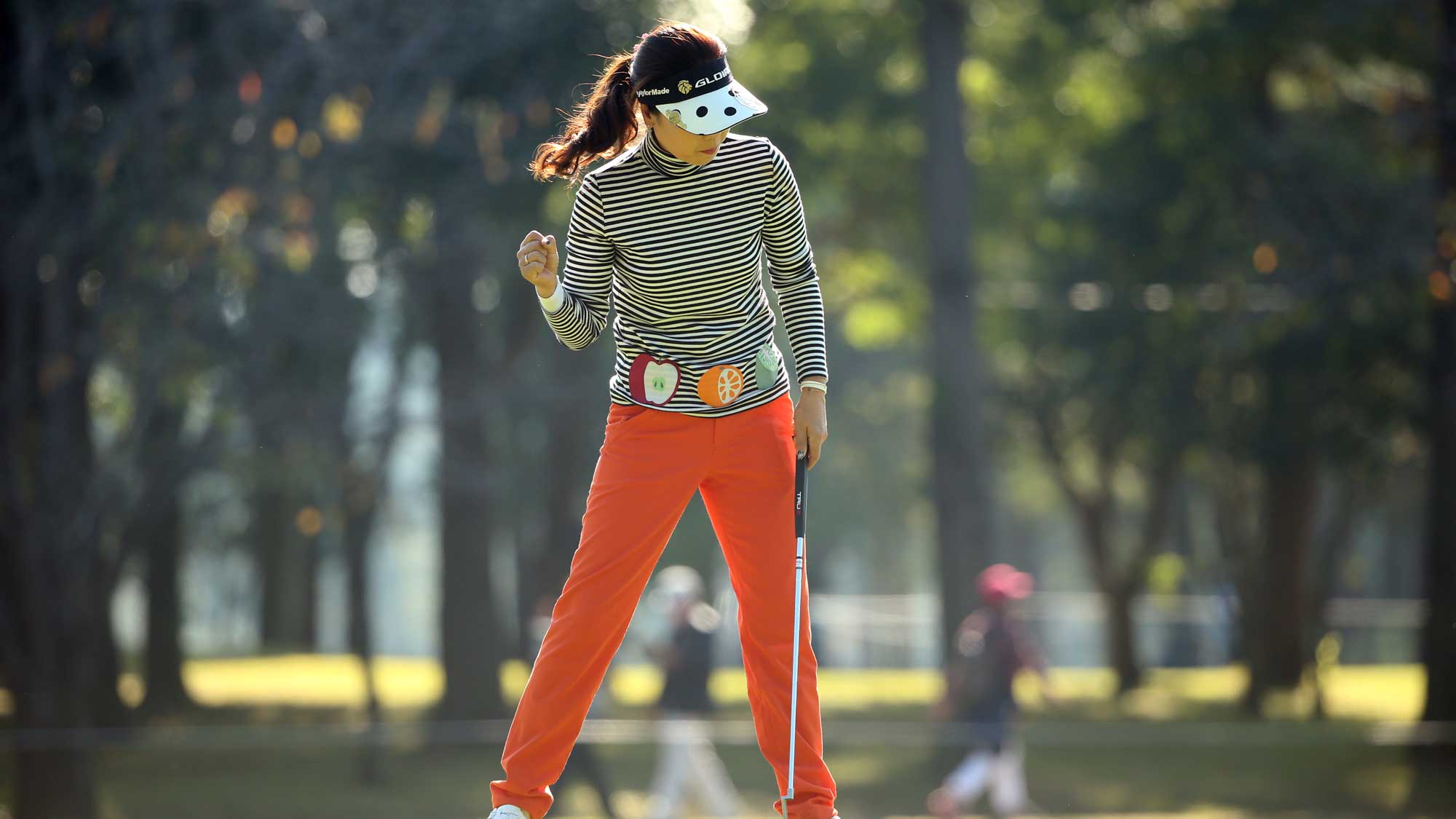 Soo-Yun Kang of South Korea celebrates after making her birdie putt on the 9th hole during the second round of the TOTO Japan Classic