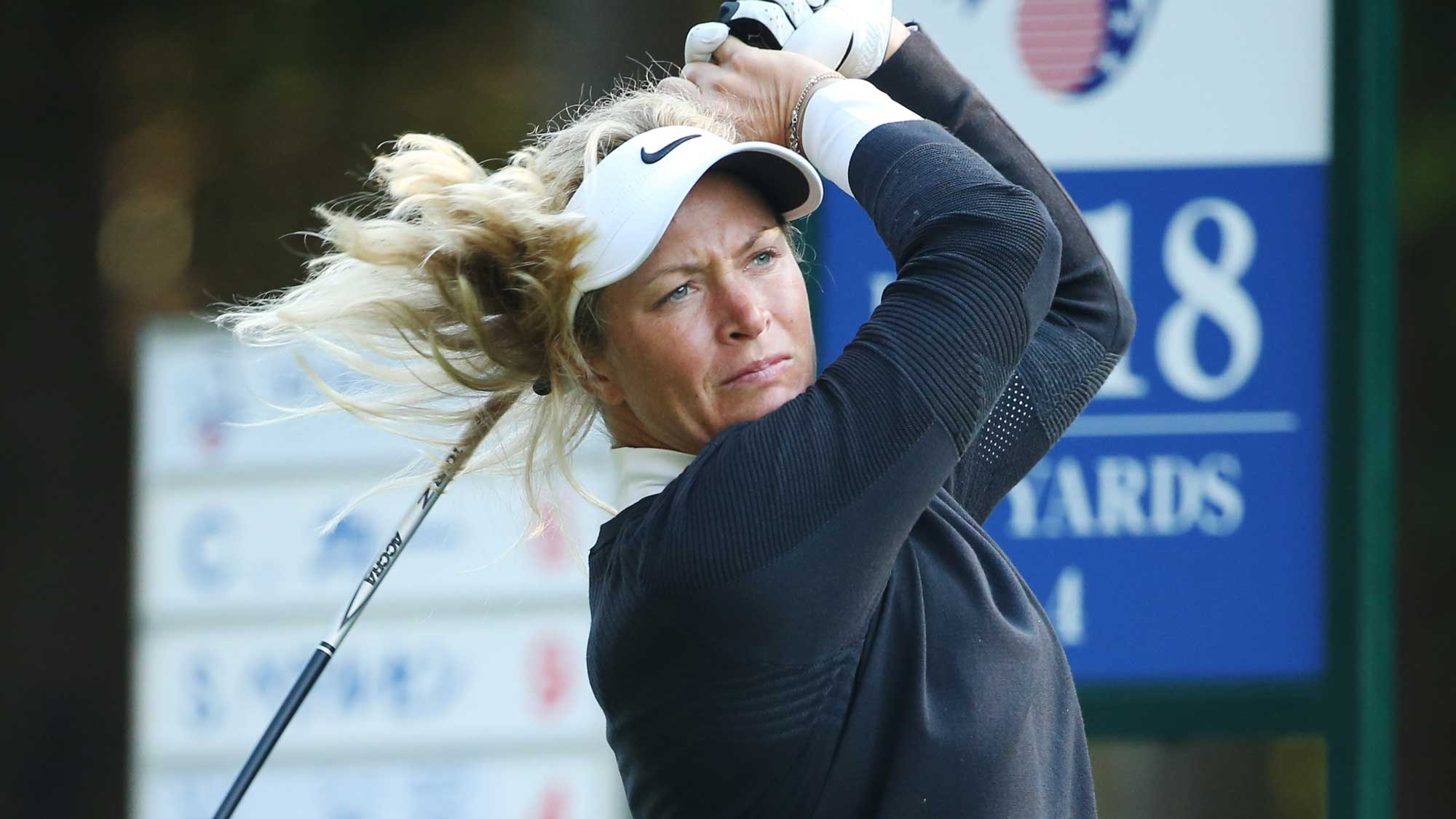 Suzann Pettersen of Norway hits her tee shot on the 2nd hole during the second round of the TOTO Japan Classic