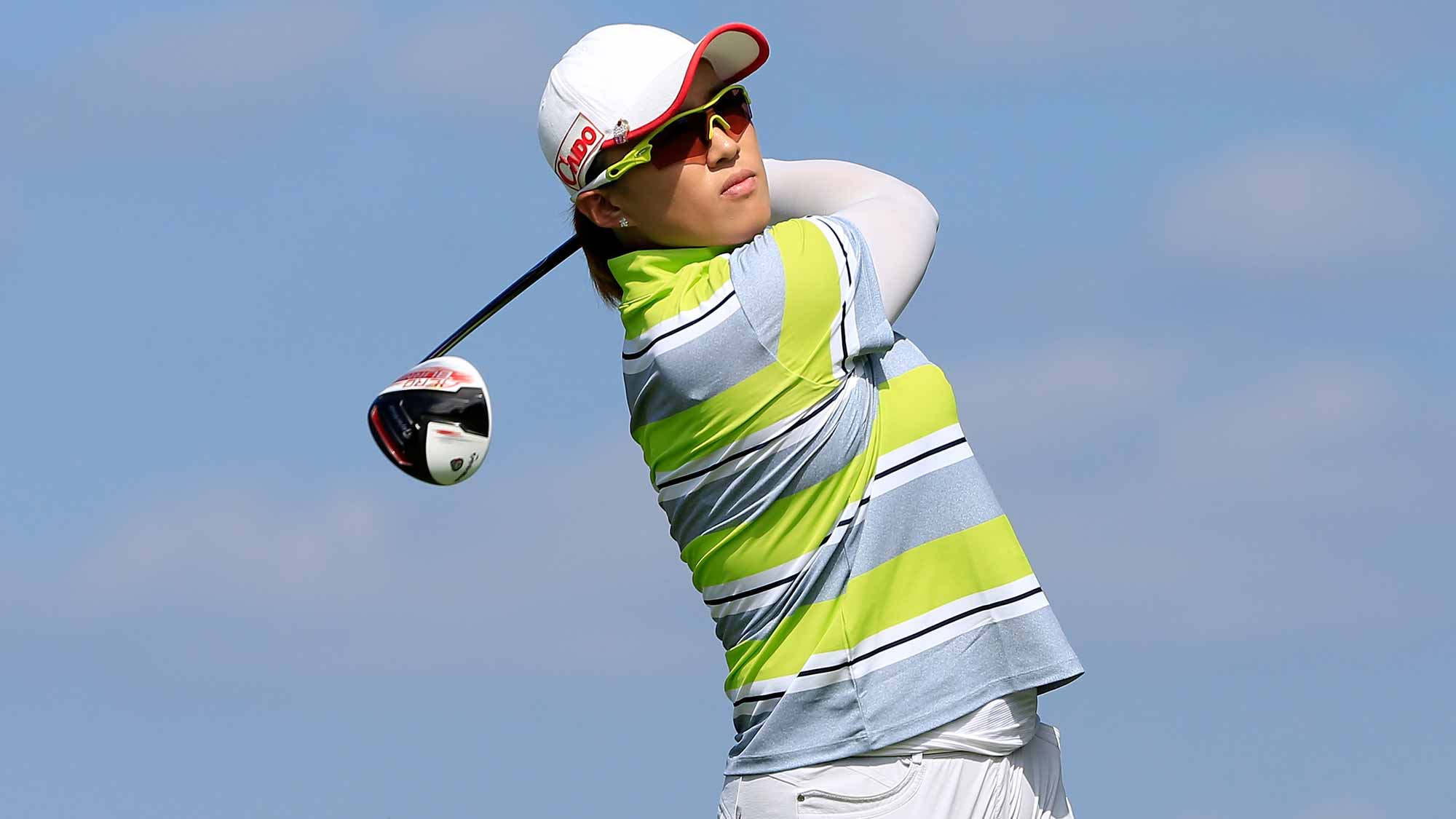 Amy Yang of South Korea watches her tee shot on the ninth hole during the second round of the U.S. Women's Open at Lancaster Country Club