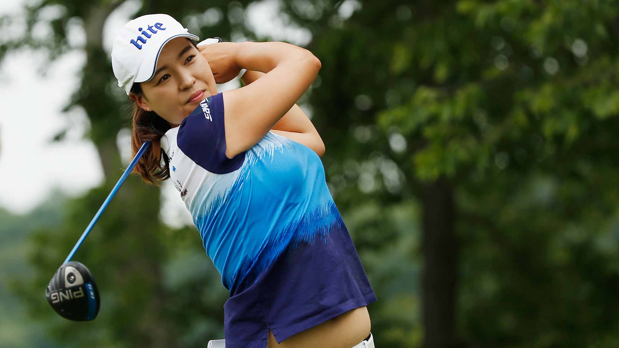 In Gee Chun of South Korea watches her tee shot on the second hole during the final round of the U.S. Women's Open at Lancaster Country Club