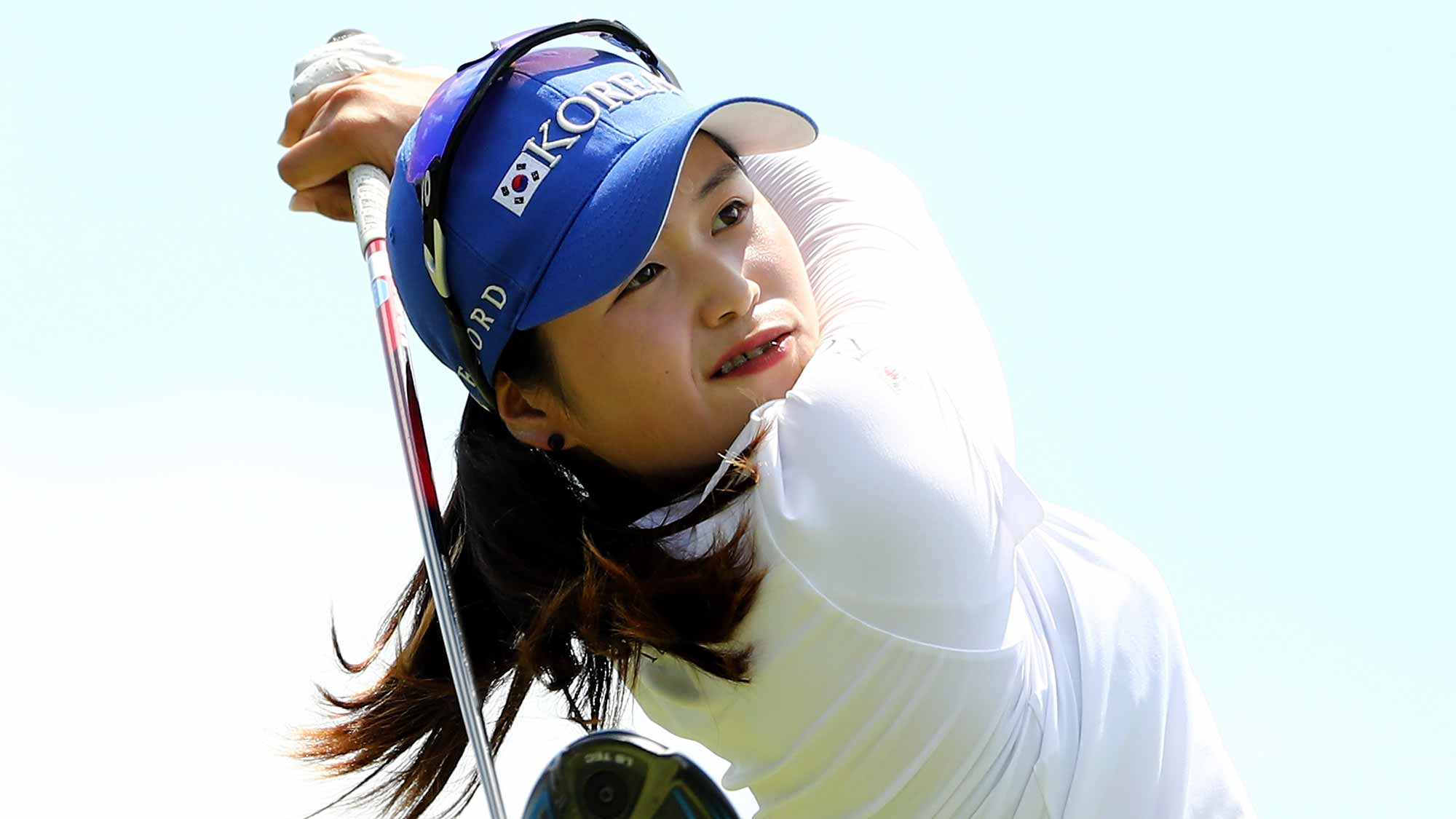 Hye-Jin Choi of Korea takes her shot from the seocnd tee during the final round of the U.S. Women's Open on July 16, 2017 at Trump National Golf Club