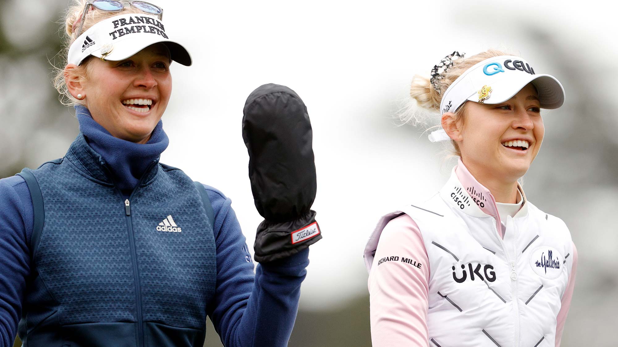 (L-R) Jessica Korda and Nelly Korda walk together on the 12th hole during the first round of the 76th U.S. Women's Open Championship