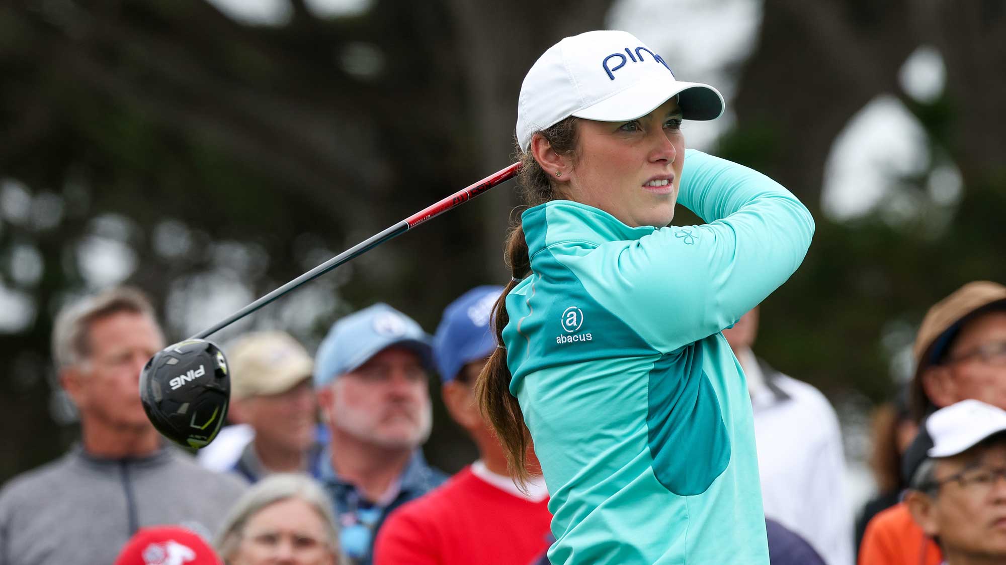 Amateur Áine Donegan of the Republic of Ireland plays her shot from the ninth tee during the first round of the 78th U.S. Women's Open at Pebble Beach Golf Links on July 06, 2023 in Pebble Beach, California.