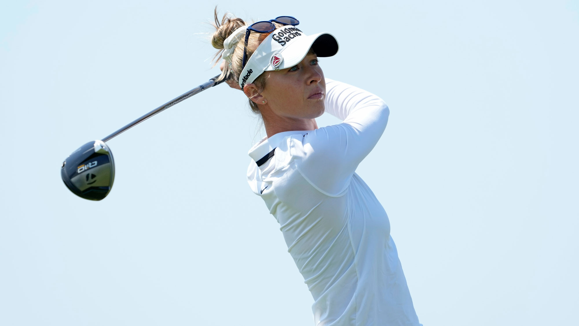 Nelly Korda of the United States plays her shot from the eighth tee during the third round of the U.S. Women's Open presented by Ally 2025 at Erin Hills Golf Course on May 31, 2025 in Erin, Wisconsin.