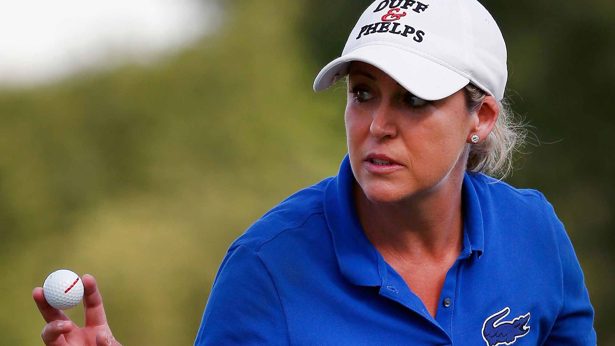 Cristie Kerr reacts to a putt on the ninth hole during Round One of the 2015 Volunteers of America North Texas Shootout Presented by JTBC