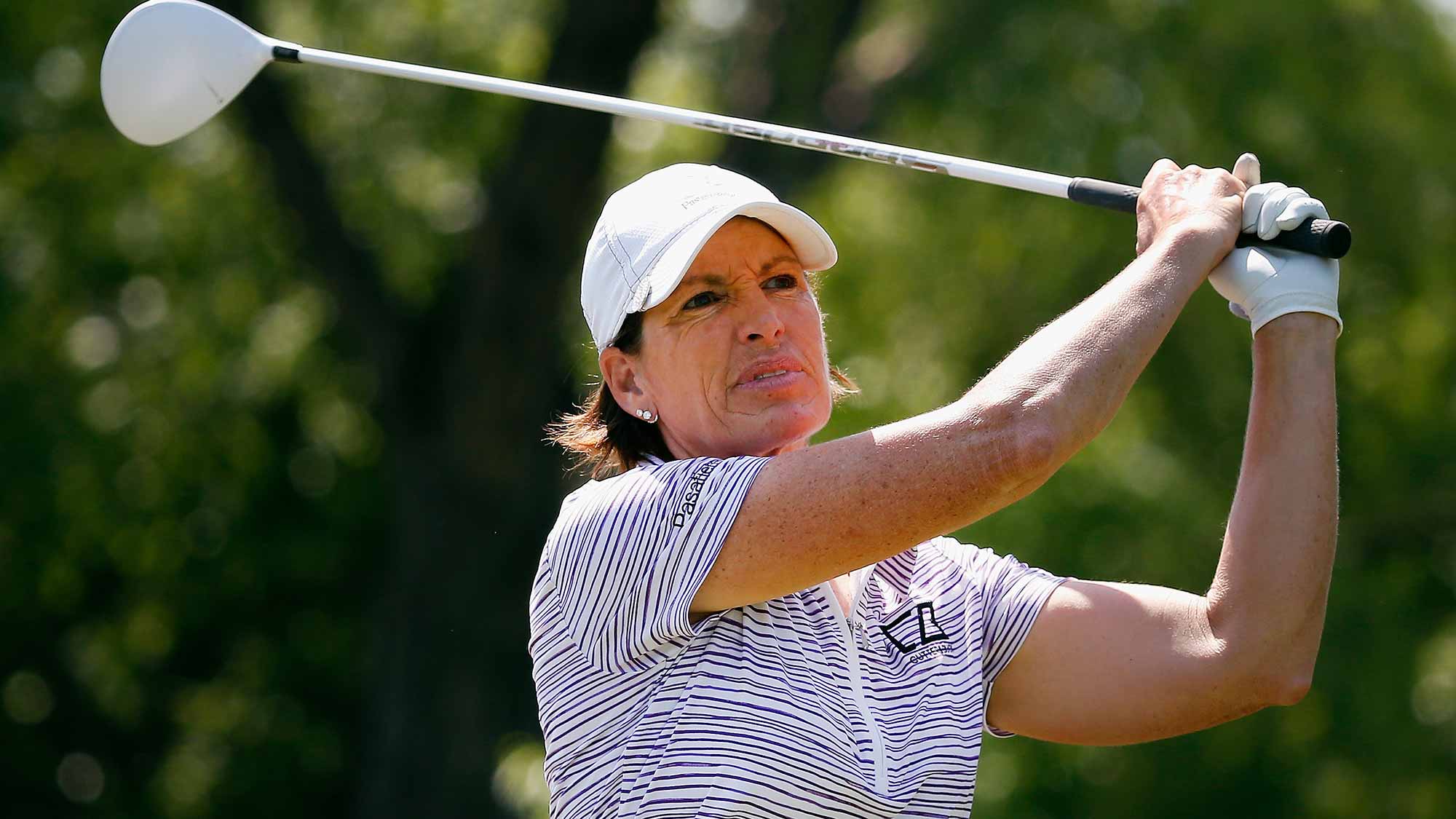Juli Inkster hits a tee shot on the seventh hole during Round Three of the 2015 Volunteers of America North Texas Shootout Presented by JTBC