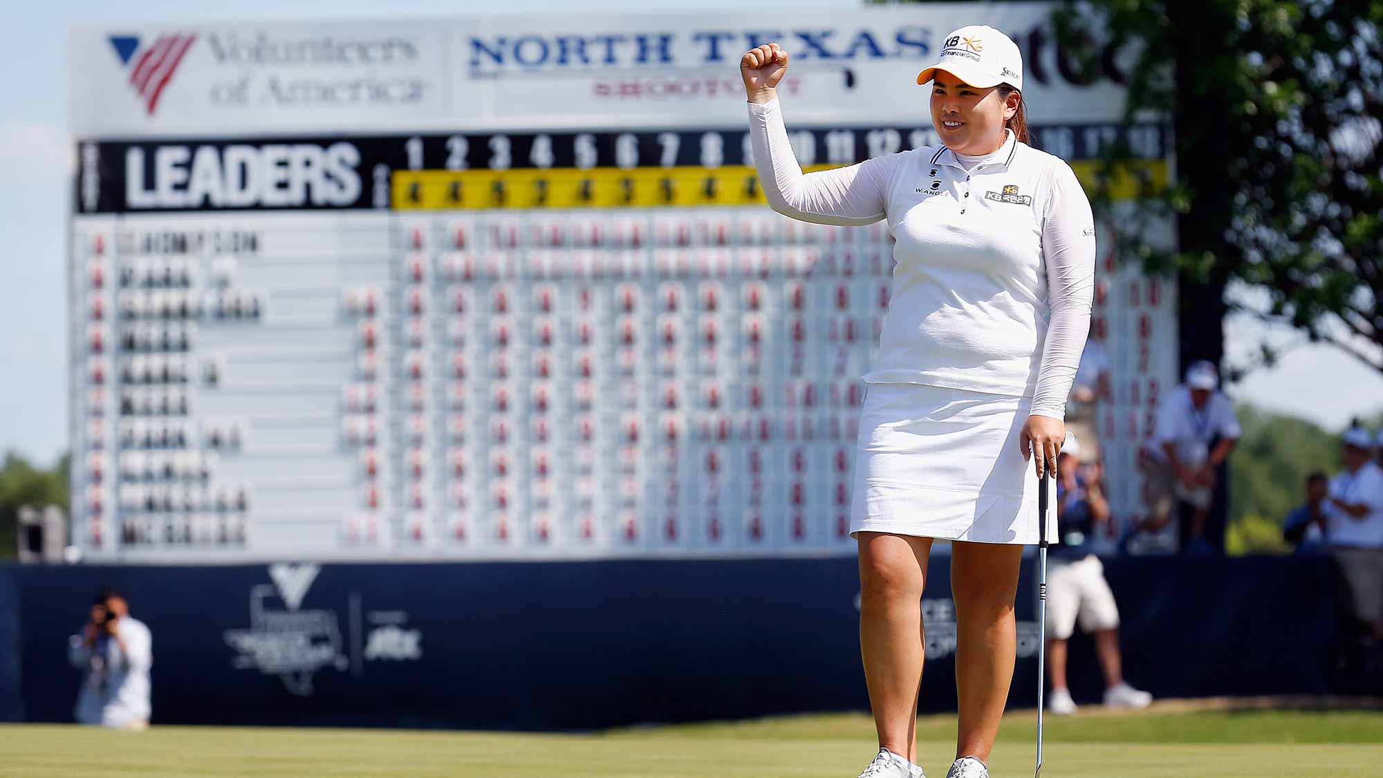 Inbee Park of South Korea celebrates after tapping in the winning putt during the Final Round of the 2015 Volunteers of America North Texas Shootout Presented by JTBC
