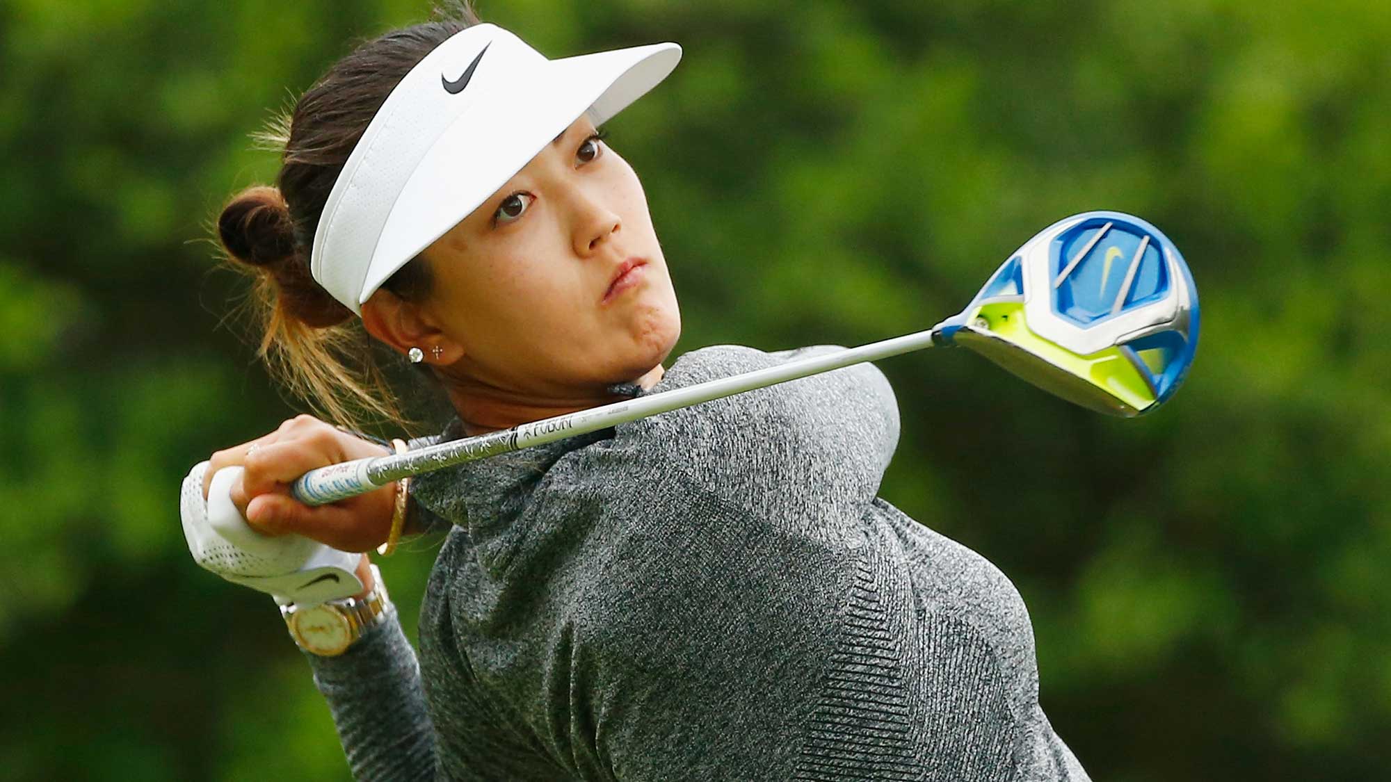 Michelle Wie watches her tee shot on the second hole during the second round of the Volunteers of America Texas Shootout