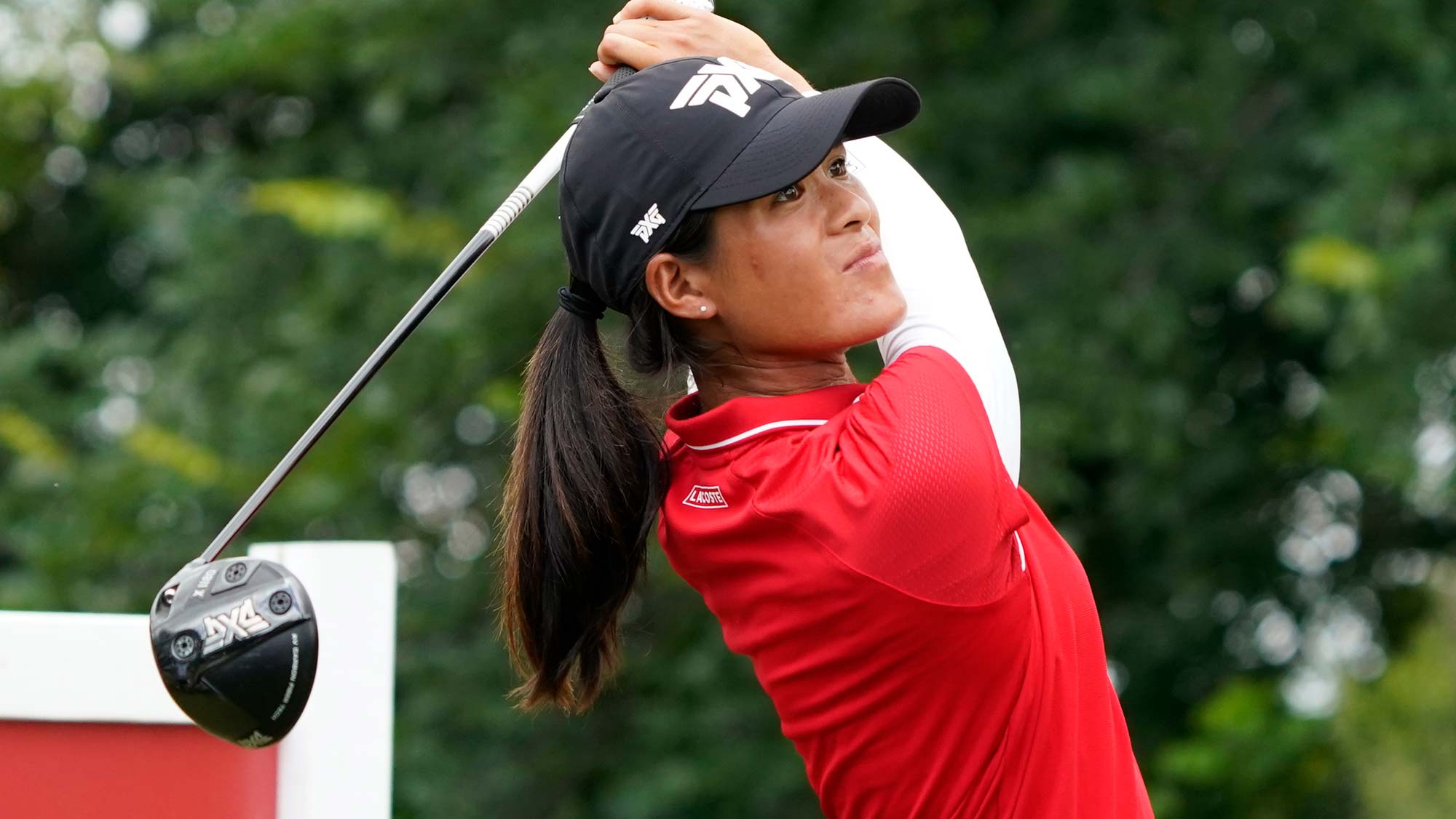 Celine Boutier of France watches her tee shot on the 13th hole during the second round of the Volunteers of America Classic