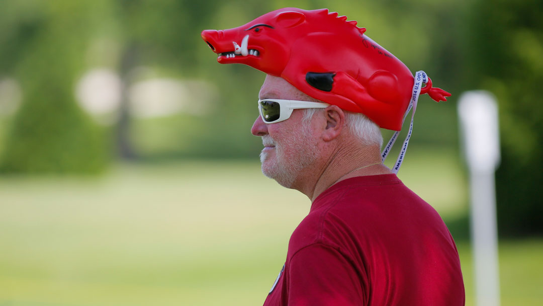 Razorback fan watching Stacy Lewis and Gaby Lopez during their Tuesday Practice round