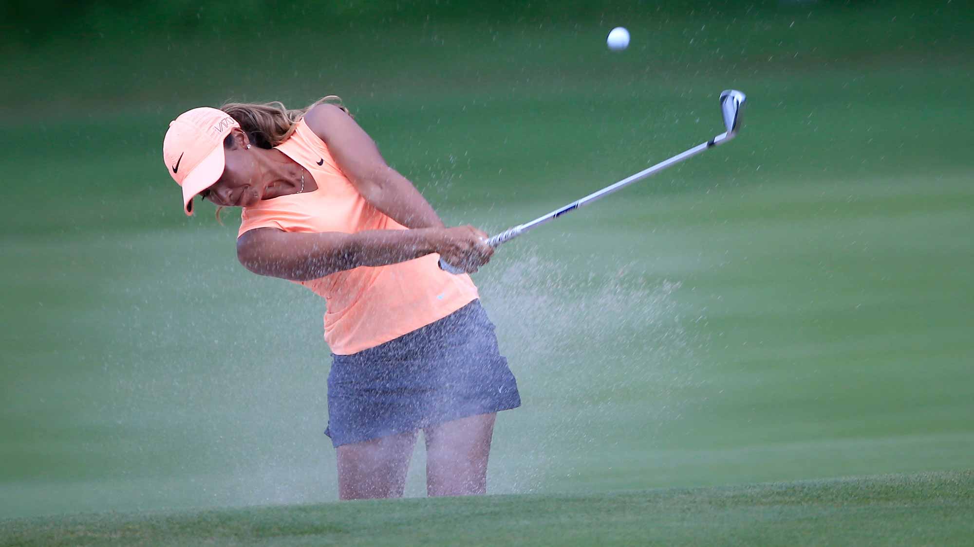 Cheyenne Woods of the United States plays a shot on the seventh hole during the first round of the Walmart NW Arkansas Championship Presented by P&G at Pinnacle Country Club