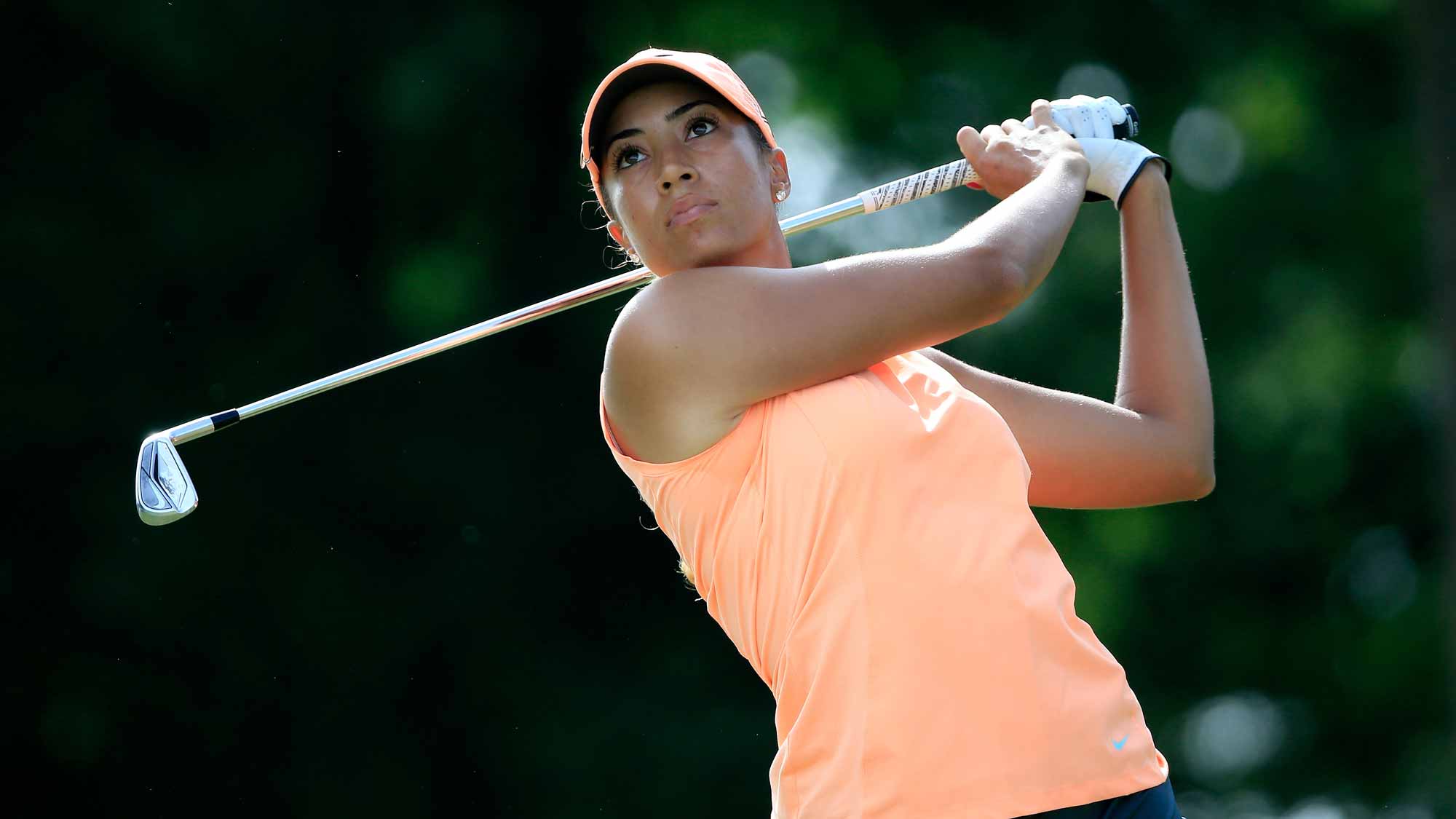 Cheyenne Woods of the United States plays a shot on the third hole during the first round of the Walmart NW Arkansas Championship Presented by P&G at Pinnacle Country Club