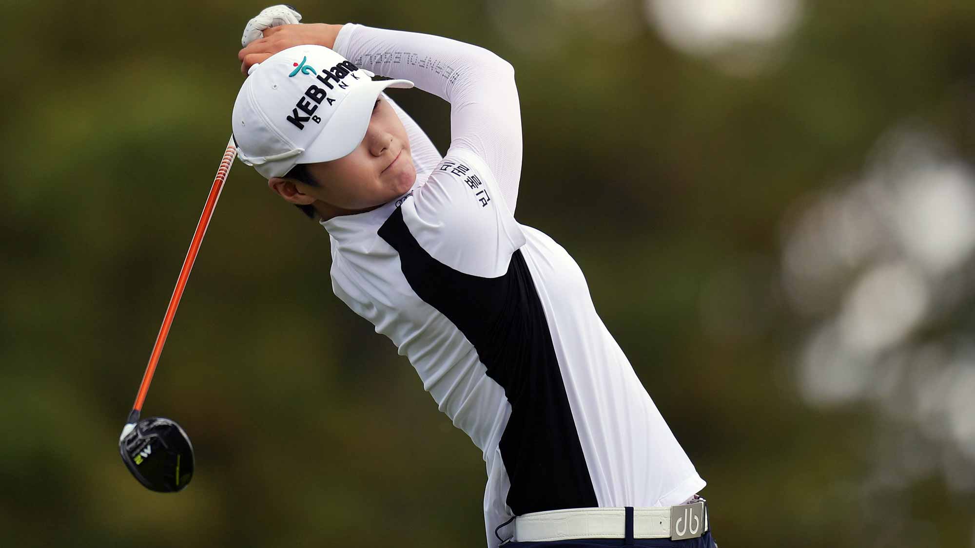 Sung Hyun Park of South Korea hits her tee shot on the 16th hole during the first round of the Walmart NW Arkansas Championship Presented by P&G